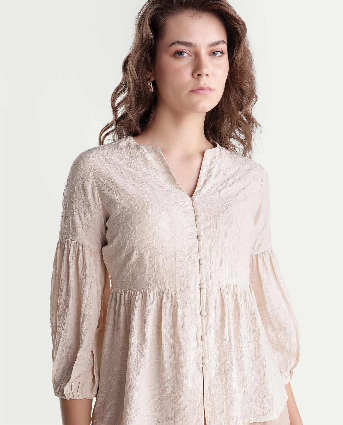 Rareism Women's Flun Light Beige Viscose Blend Button Peplum Jacquard Top