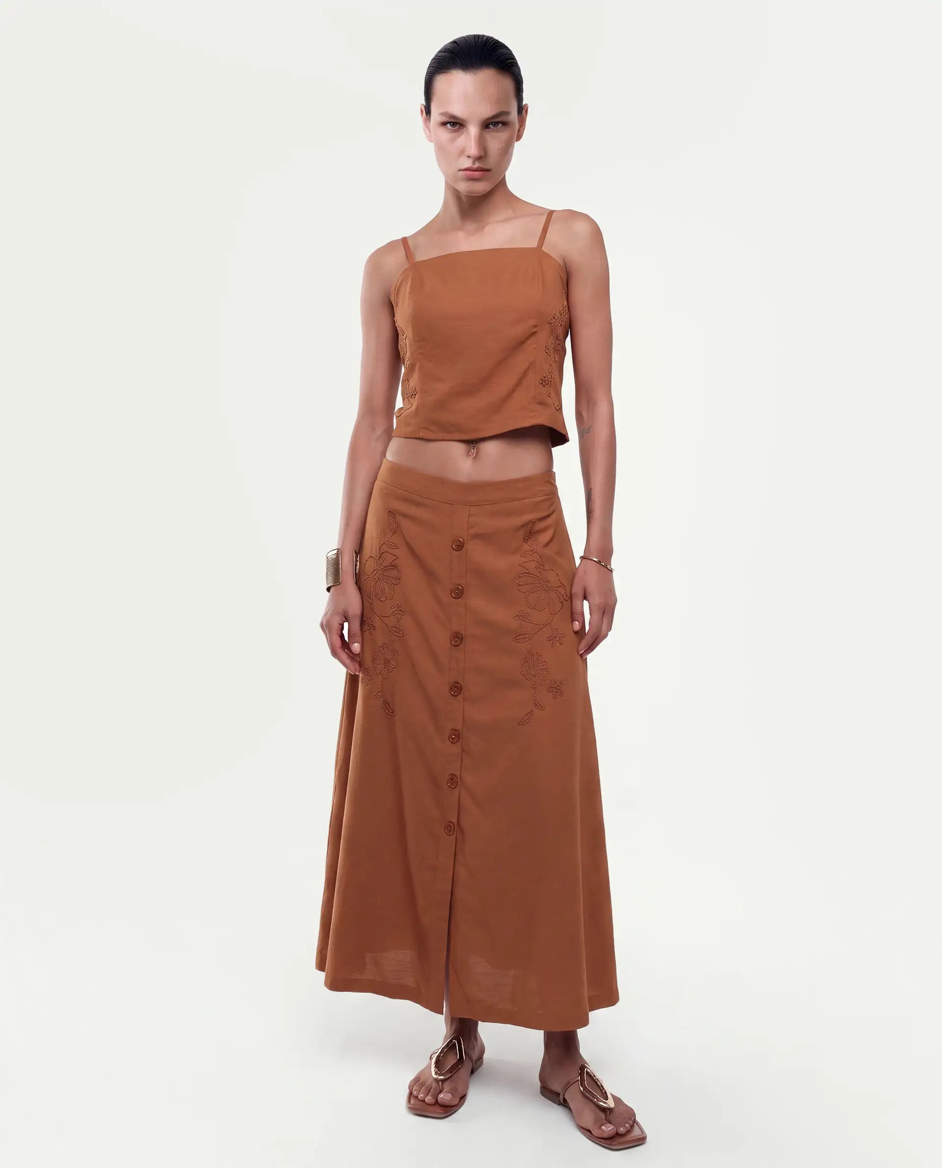 Rareism Women's Fosse-B Dark Mustard Viscose Elastic A-Line Embroidered Skirt