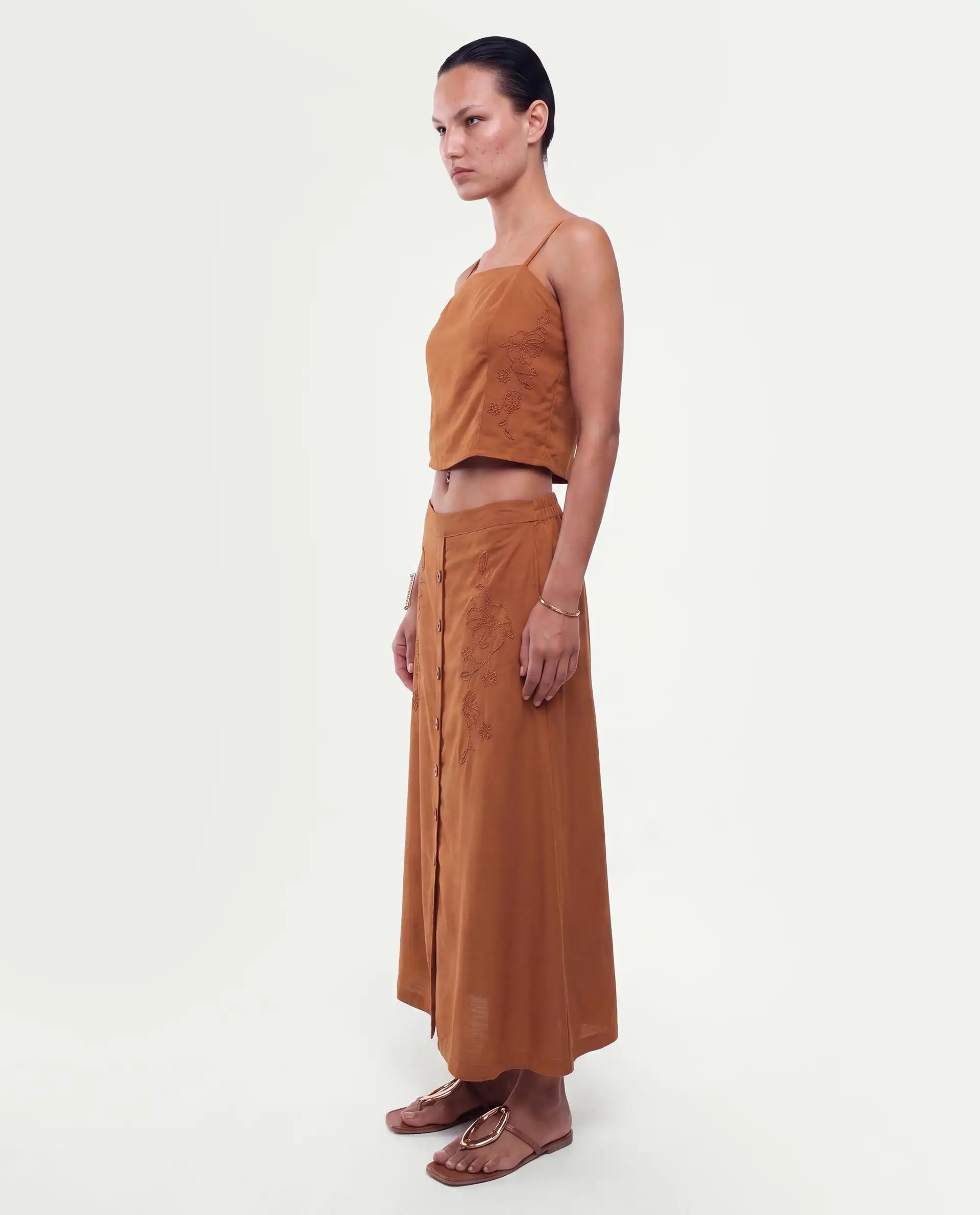 Rareism Women's Fosse-B Dark Mustard Viscose Elastic A-Line Embroidered Skirt