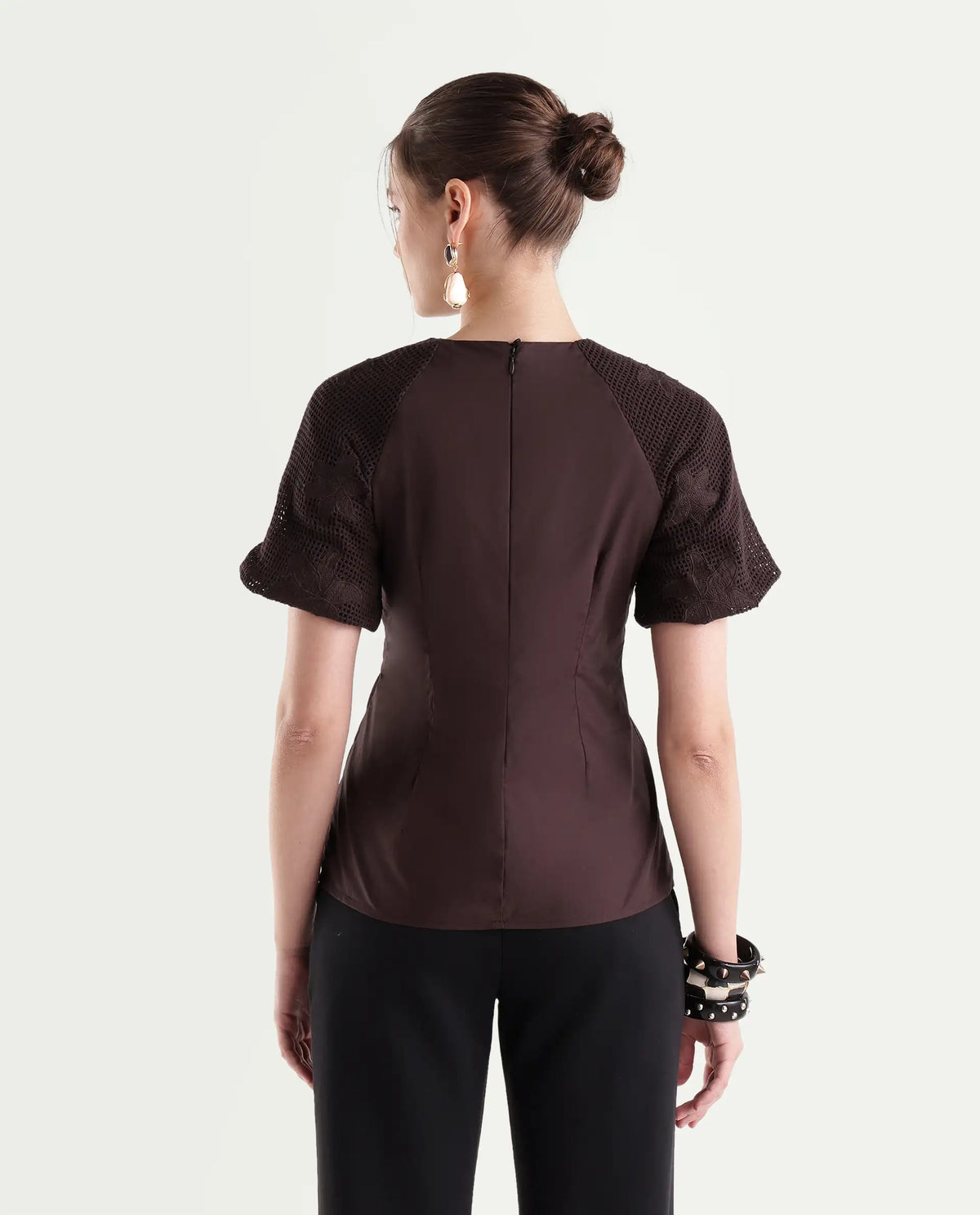 Rareism Women's Yoru Brown Cotton Button And Zip Regular Fit Top