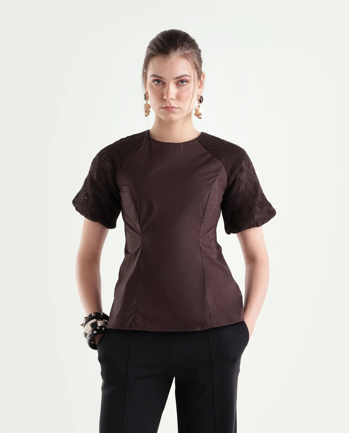 Rareism Women's Yoru Brown Cotton Button And Zip Regular Fit Top