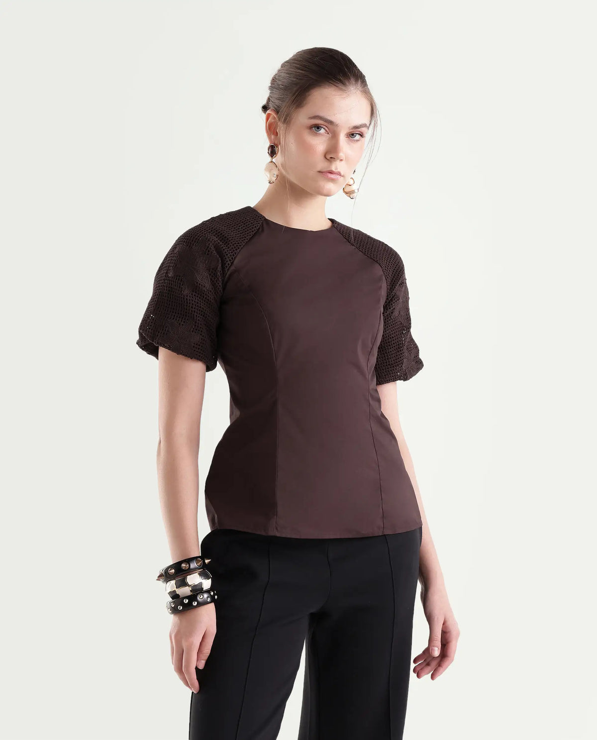 Rareism Women's Yoru Brown Cotton Button And Zip Regular Fit Top