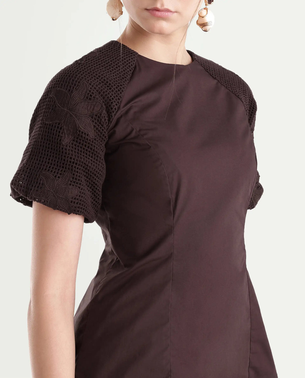 Rareism Women's Yoru Brown Cotton Button And Zip Regular Fit Top