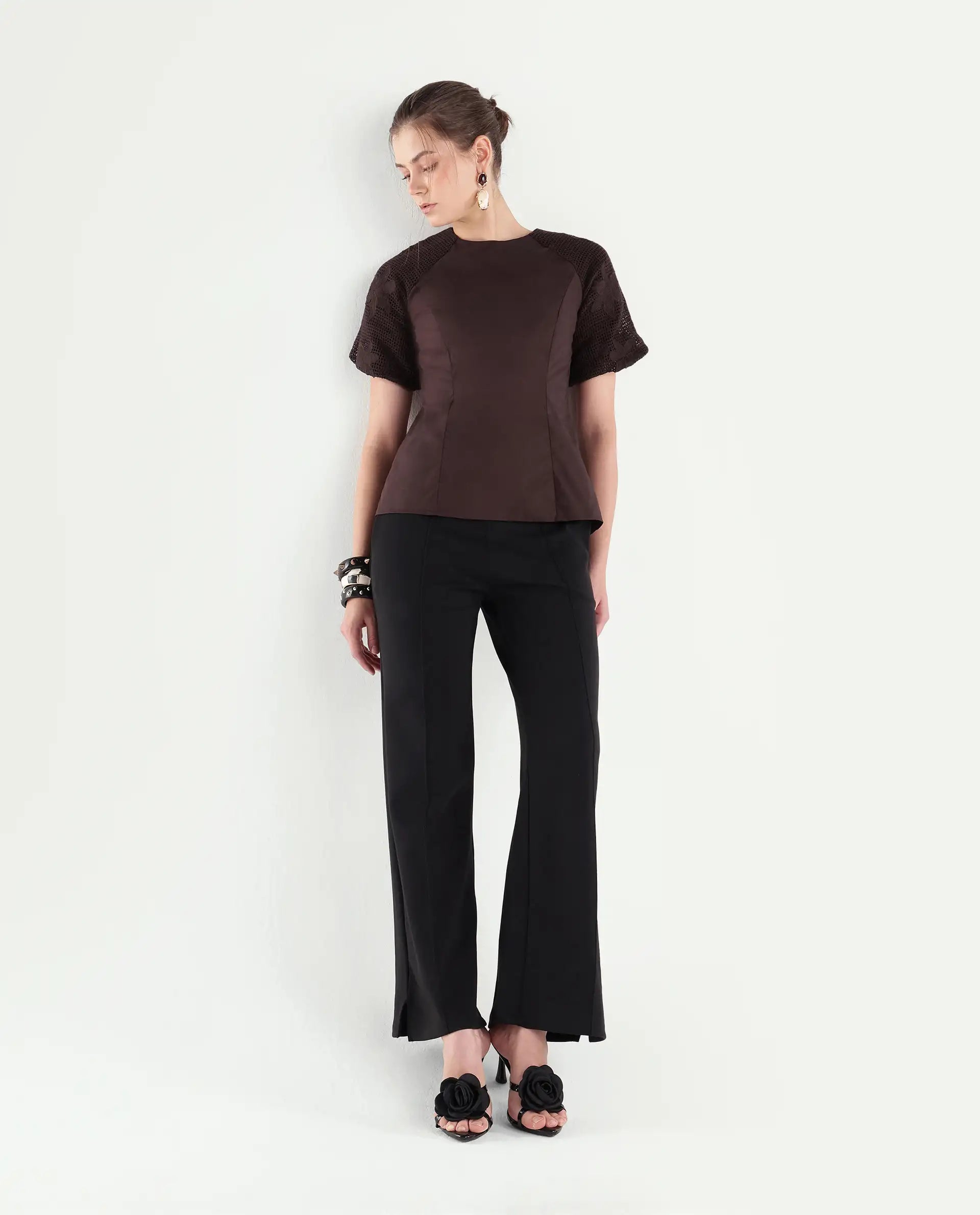 Rareism Women's Yoru Brown Cotton Button And Zip Regular Fit Top
