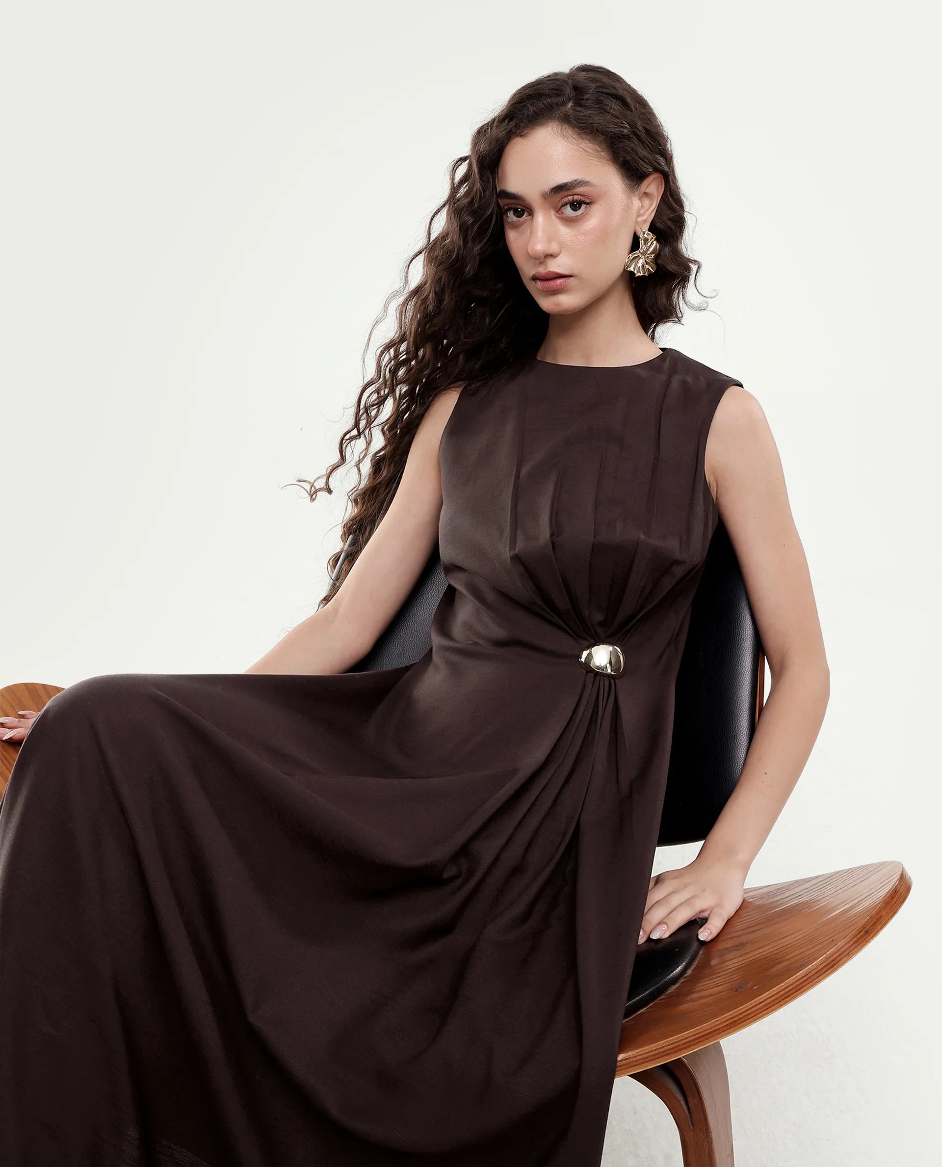 Rareism Women's Jensero-Aw26 Brown Viscose Button And Zip Fit And Flare Dress