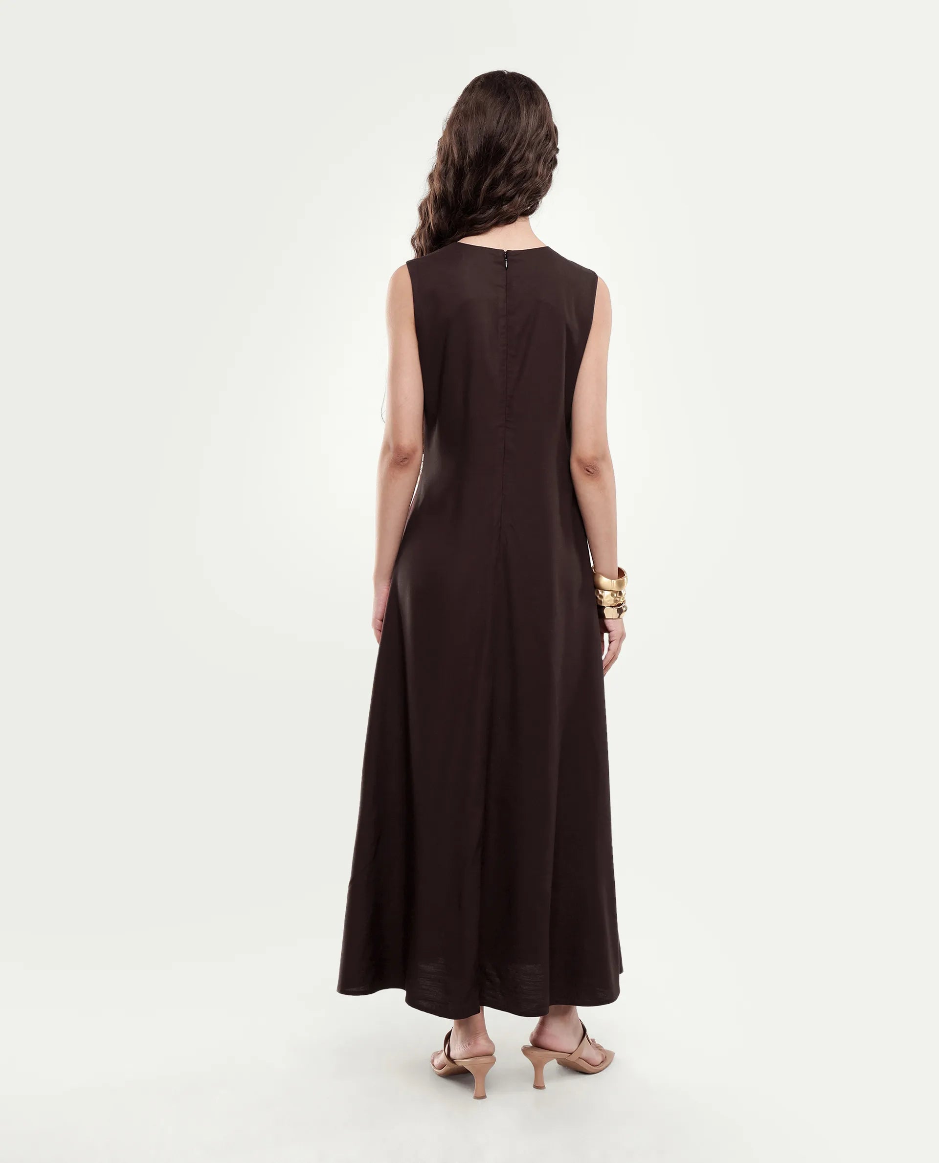Rareism Women's Jensero-Aw26 Brown Viscose Button And Zip Fit And Flare Dress