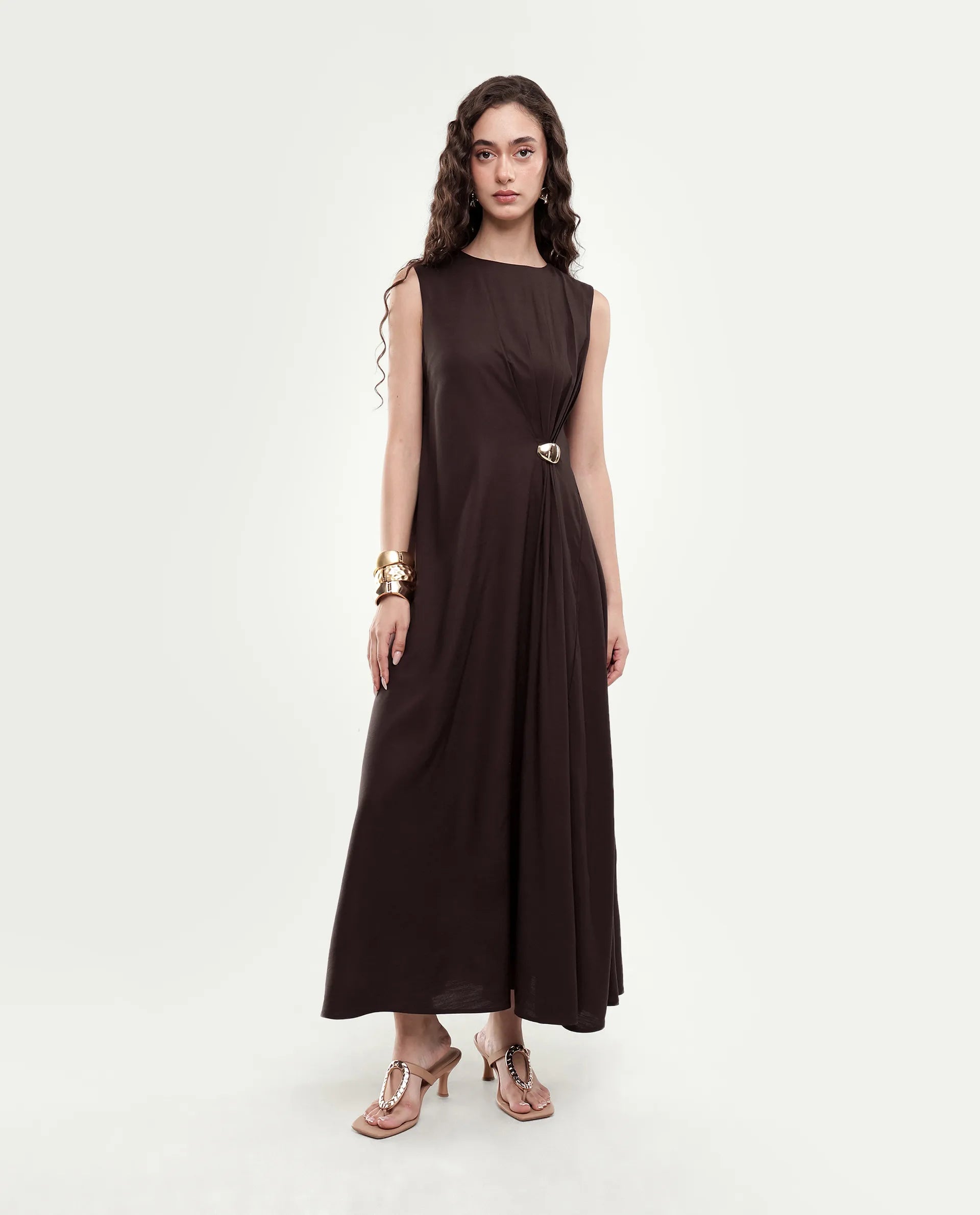 Rareism Women's Jensero-Aw26 Brown Viscose Button And Zip Fit And Flare Dress