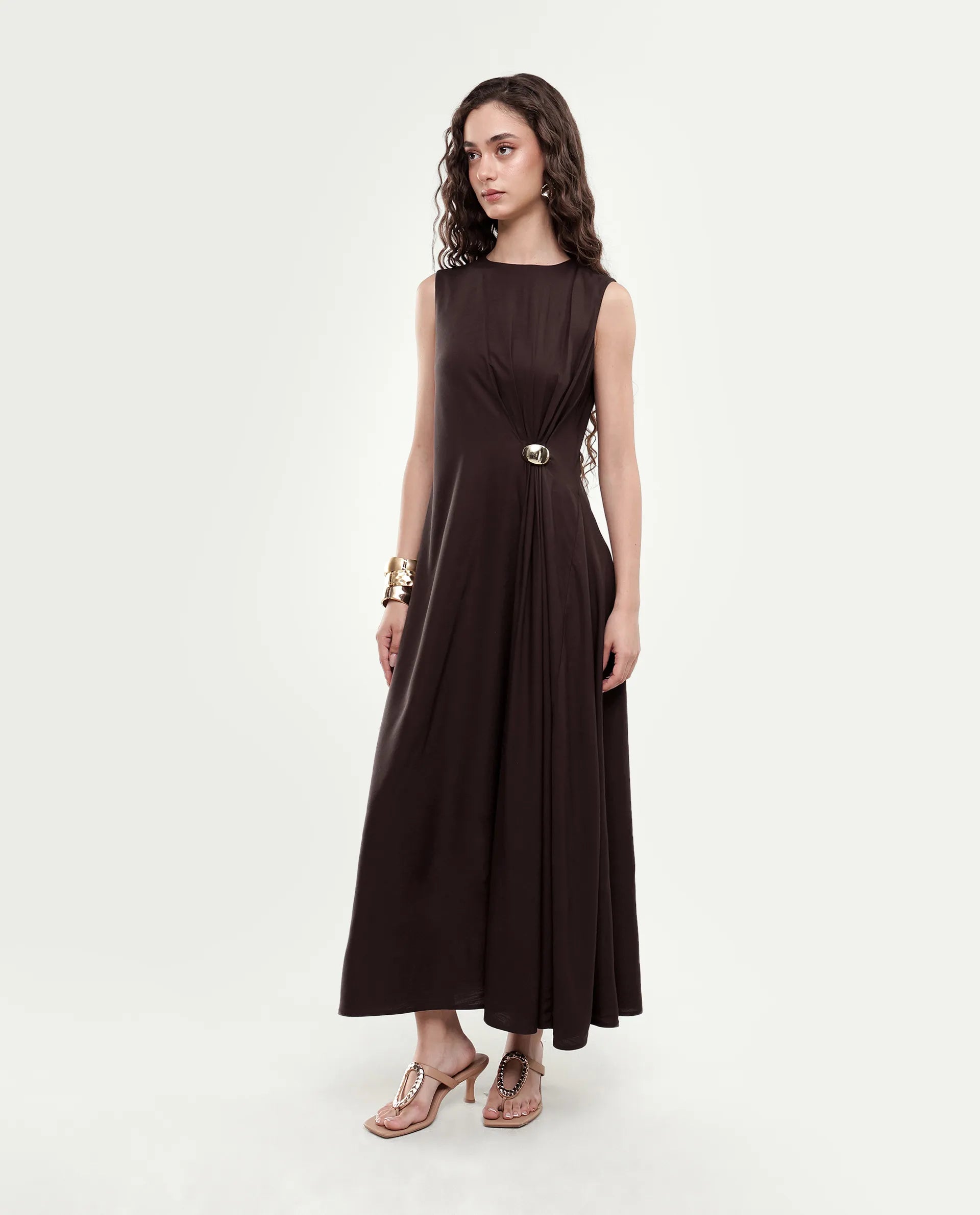 Rareism Women's Jensero-Aw26 Brown Viscose Button And Zip Fit And Flare Dress