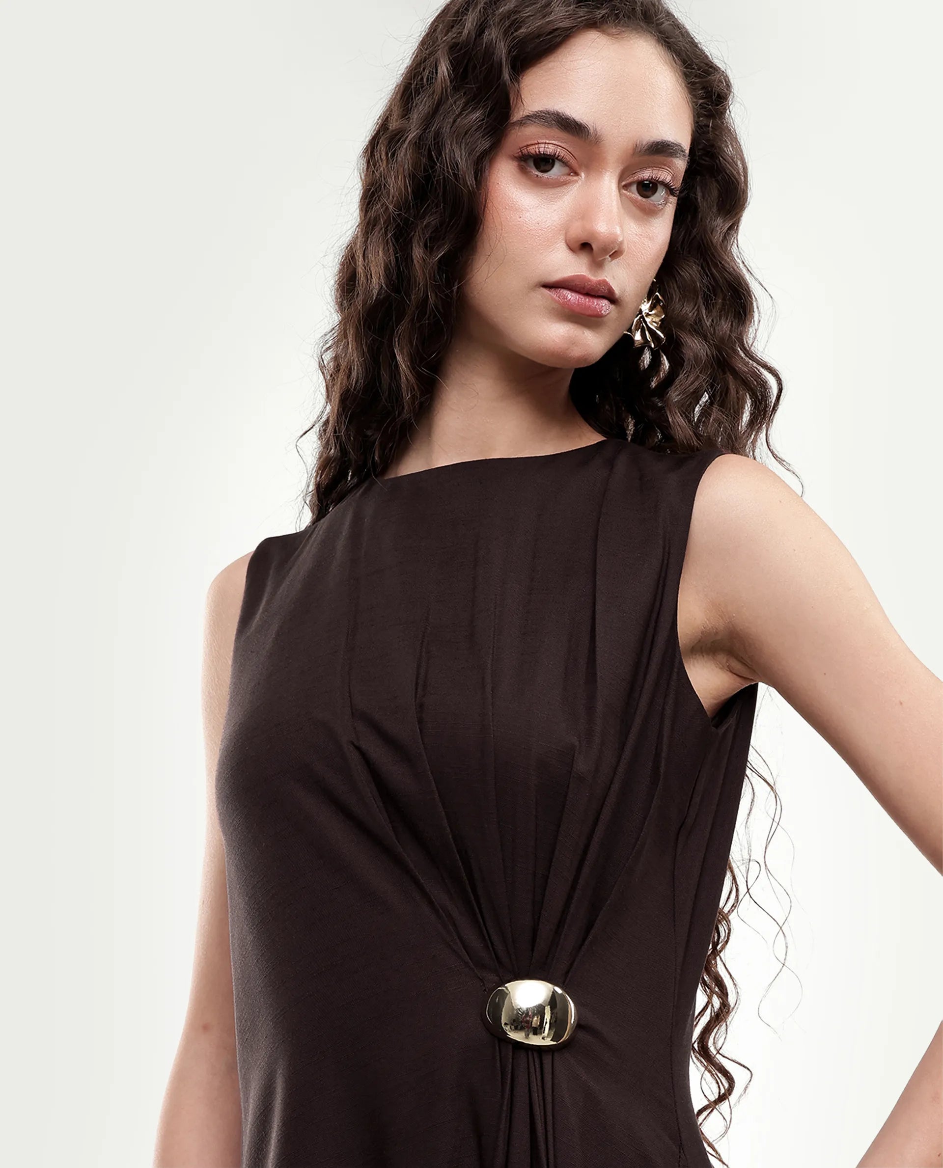 Rareism Women's Jensero-Aw26 Brown Viscose Button And Zip Fit And Flare Dress
