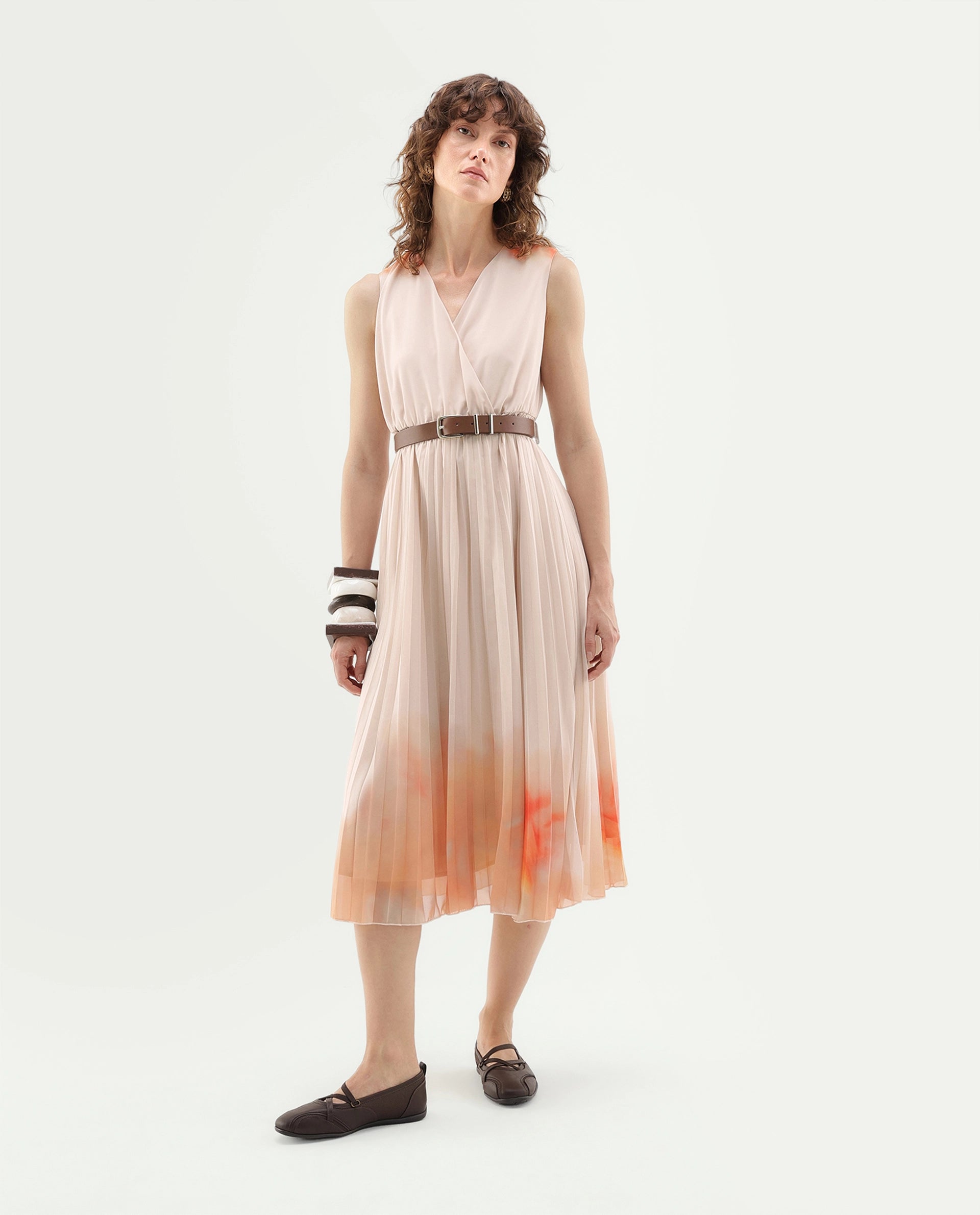 Rareism Women's Ineza Beige Polyester Pull-On Fit And Flare Abstract Print Dress