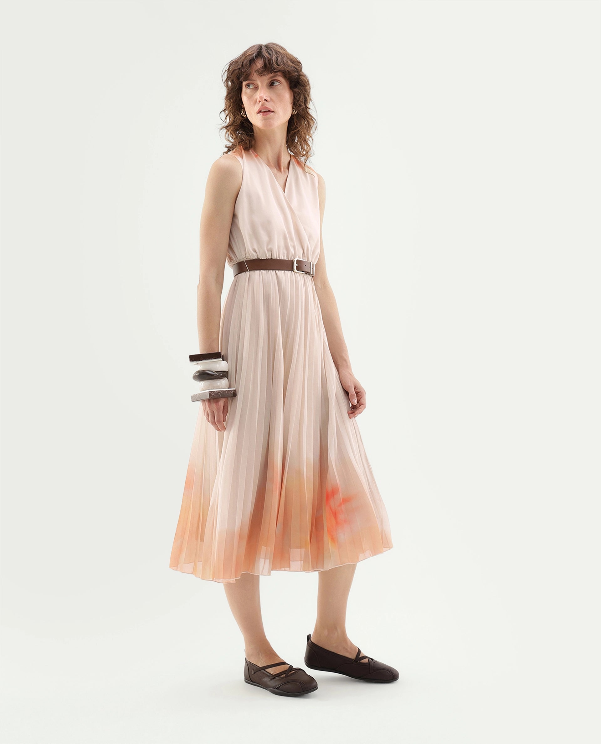 Rareism Women's Ineza Beige Polyester Pull-On Fit And Flare Abstract Print Dress