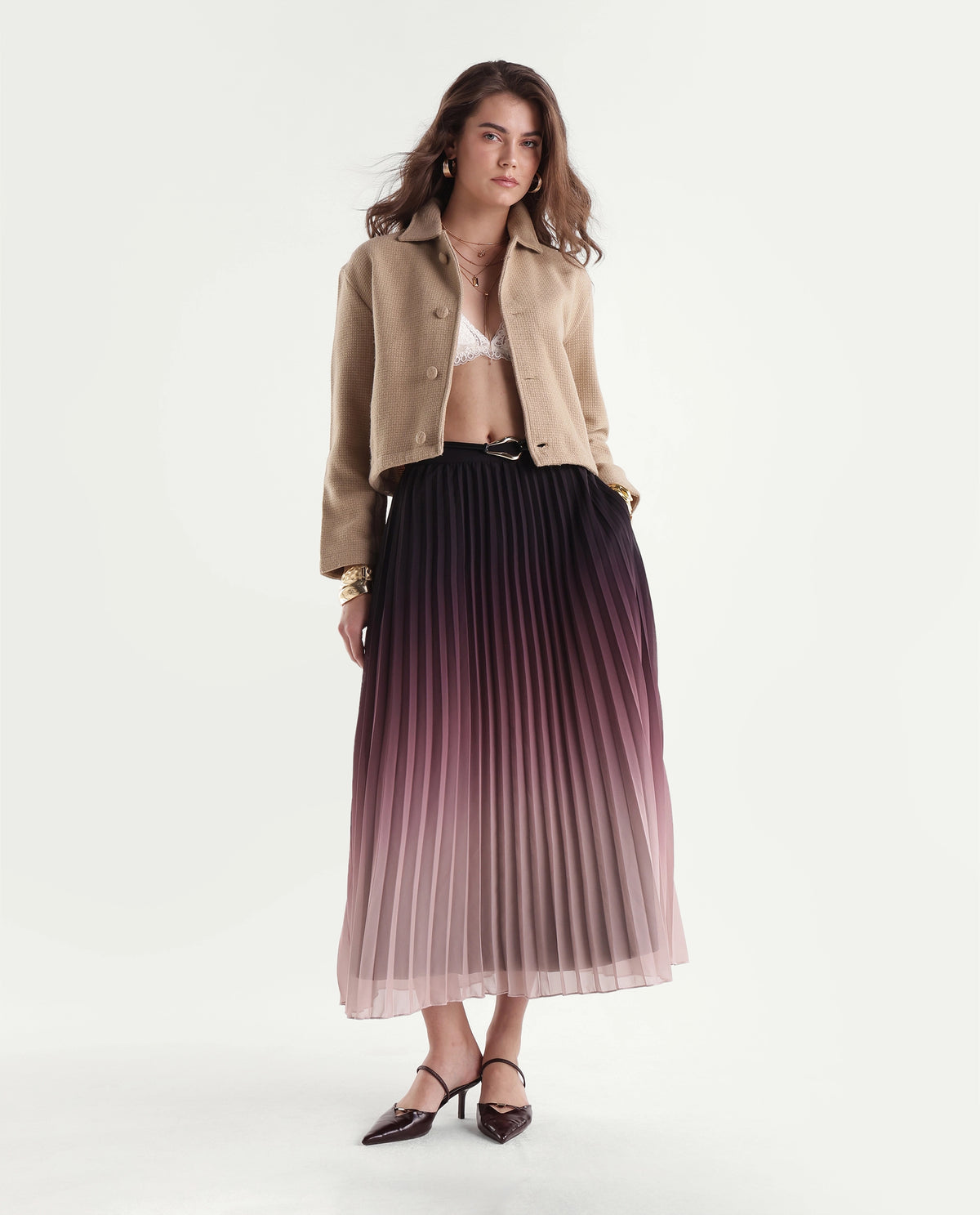 Rareism Women's Ivnlim Dark Multi Polyester Button And Zip A-Line Ombre Skirt
