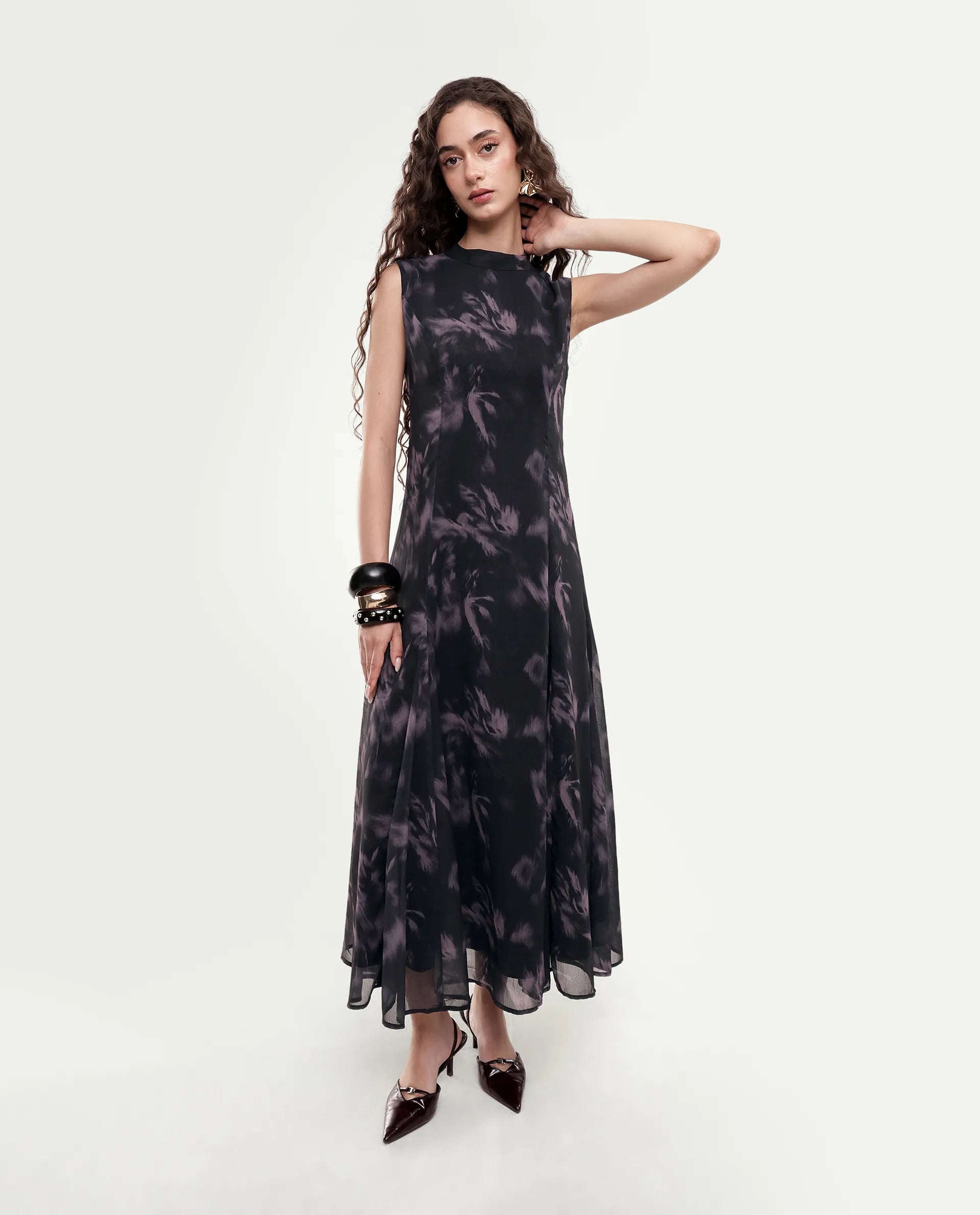 Rareism Women's Isbel Black Polyester Button And Zip Fit And Flare Abstract Print Dress