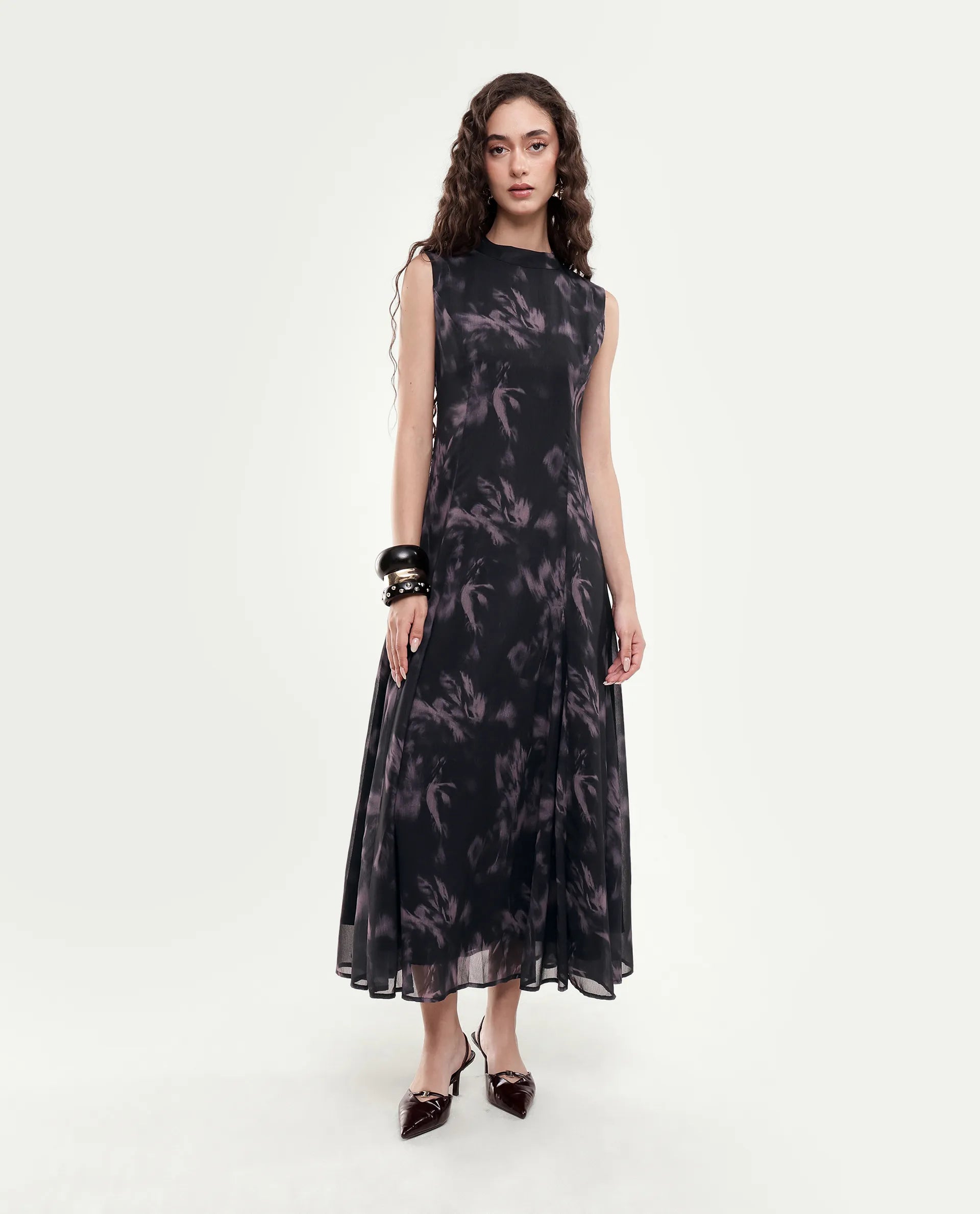 Rareism Women's Isbel Black Polyester Button And Zip Fit And Flare Abstract Print Dress