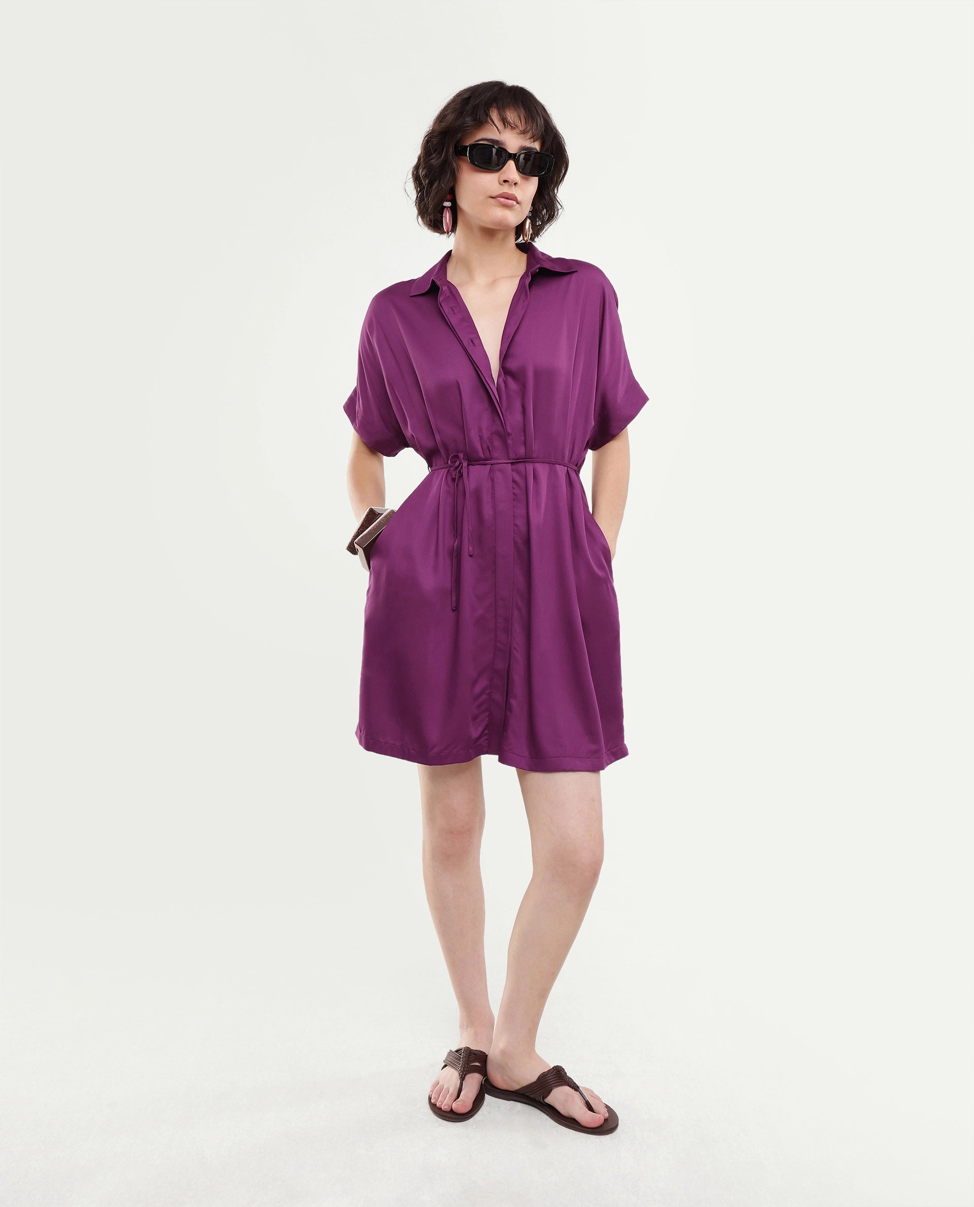 Rareism Women's Izalin Purple Viscose Button Relaxed Fit Dress