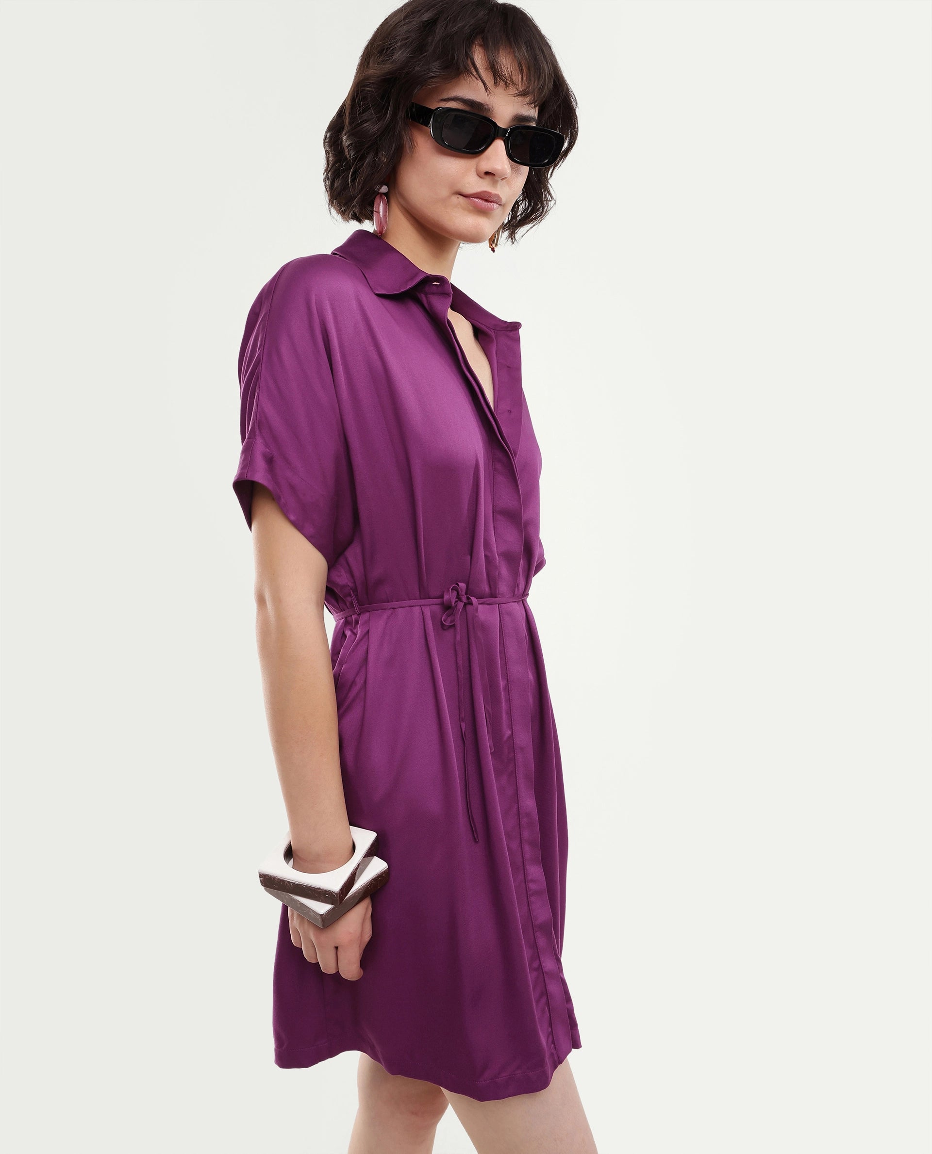 Rareism Women's Izalin Purple Viscose Button Relaxed Fit Dress