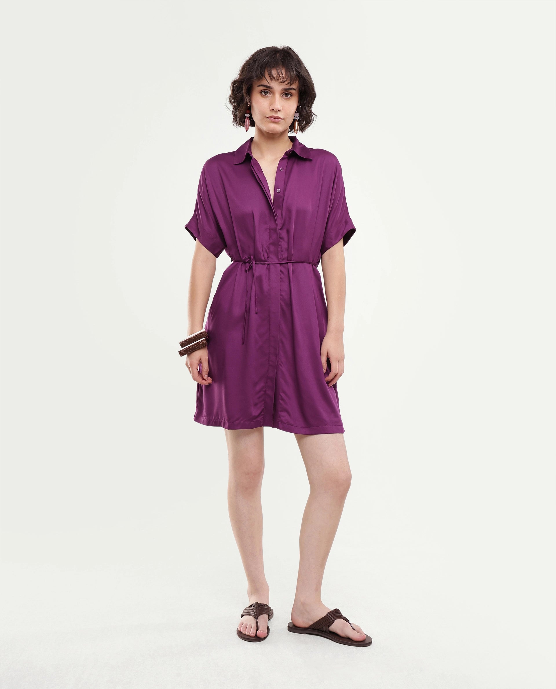 Rareism Women's Izalin Purple Viscose Button Relaxed Fit Dress
