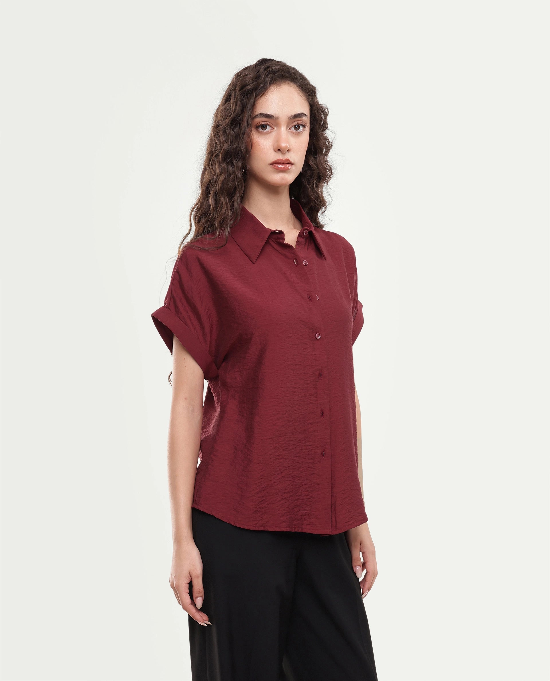 Rareism Women's Suko Dark Red Viscose Blend Button Regular Fit Shirt