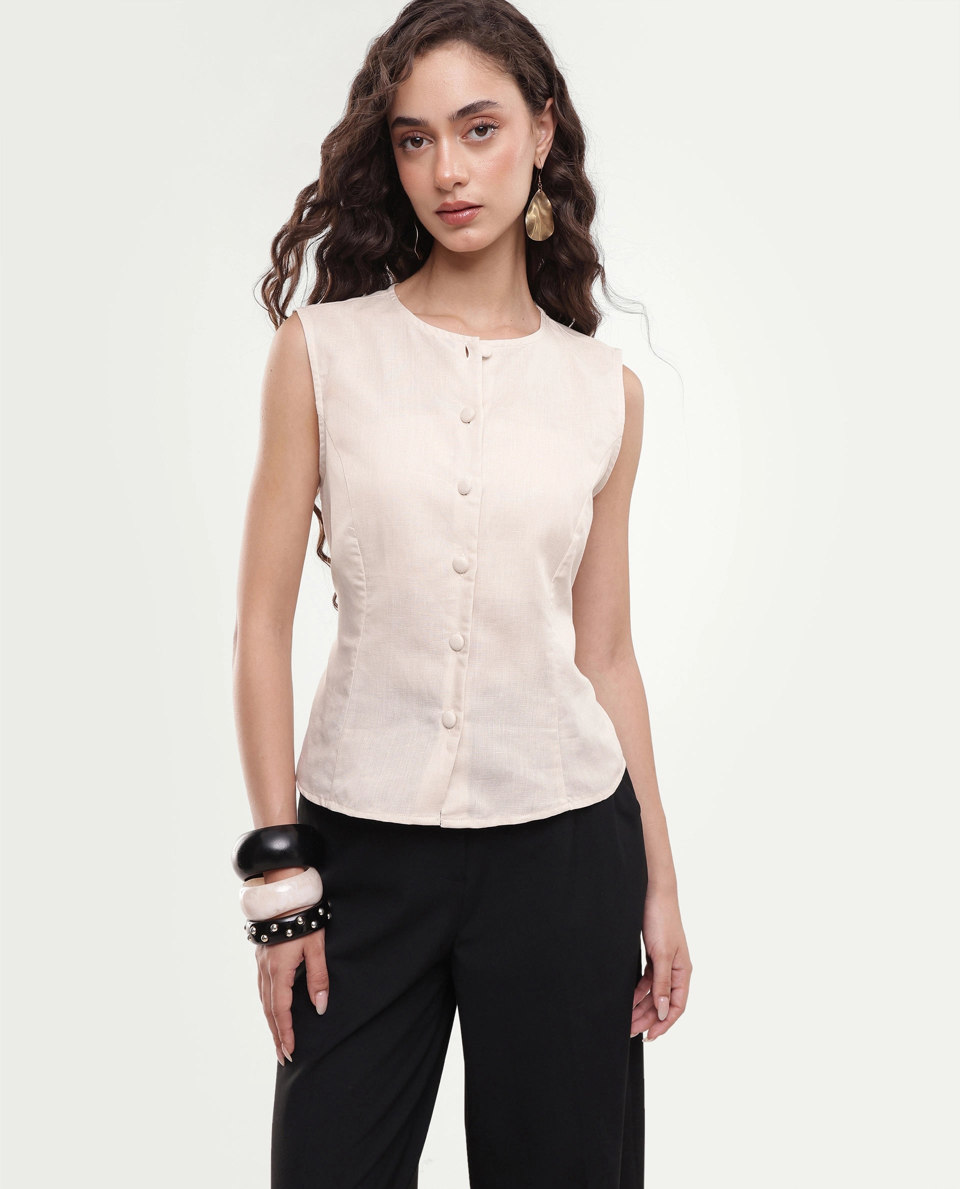 Rareism Women's Sarel Beige Linen Blend Button Regular Fit Top