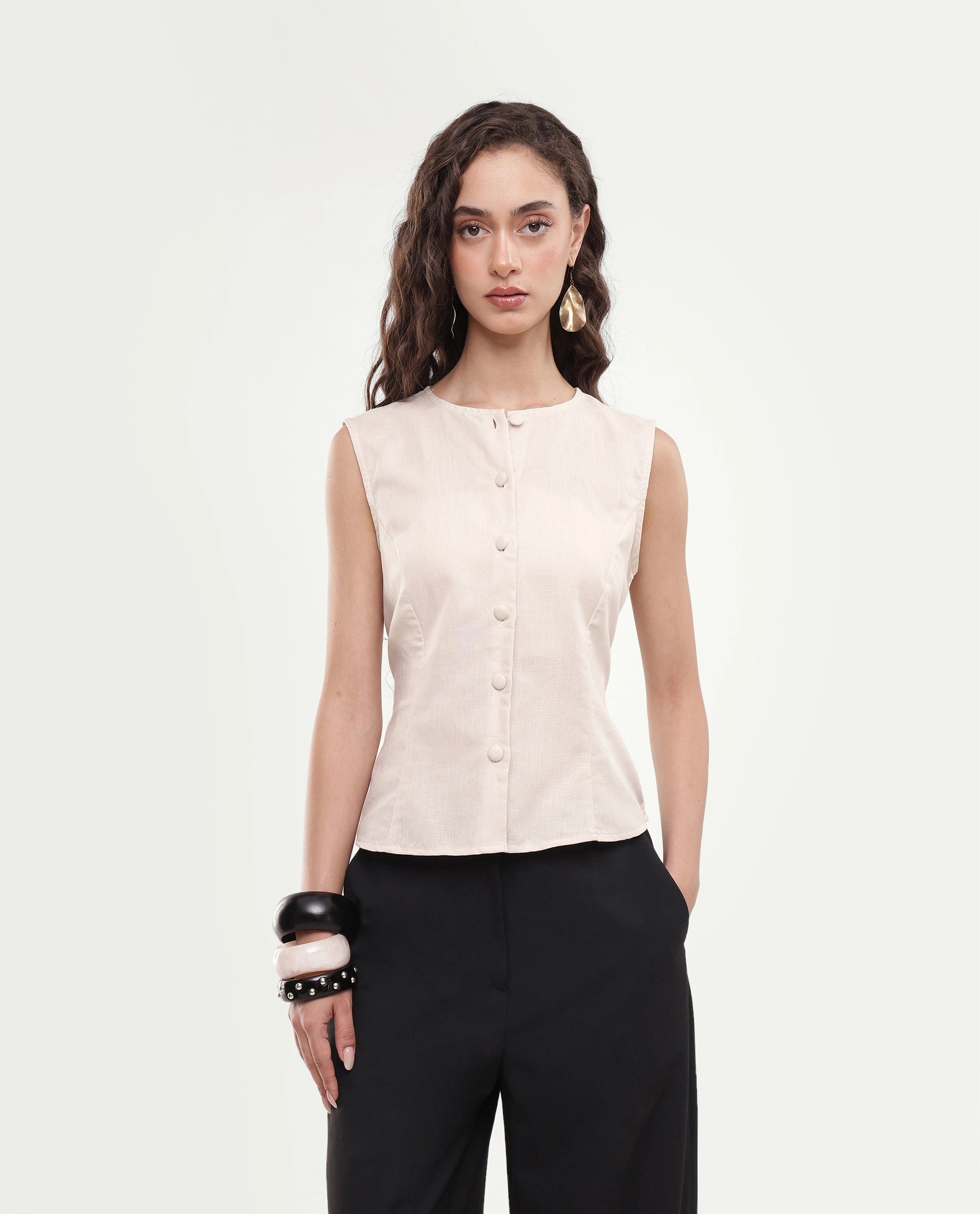 Rareism Women's Sarel Beige Linen Blend Button Regular Fit Top