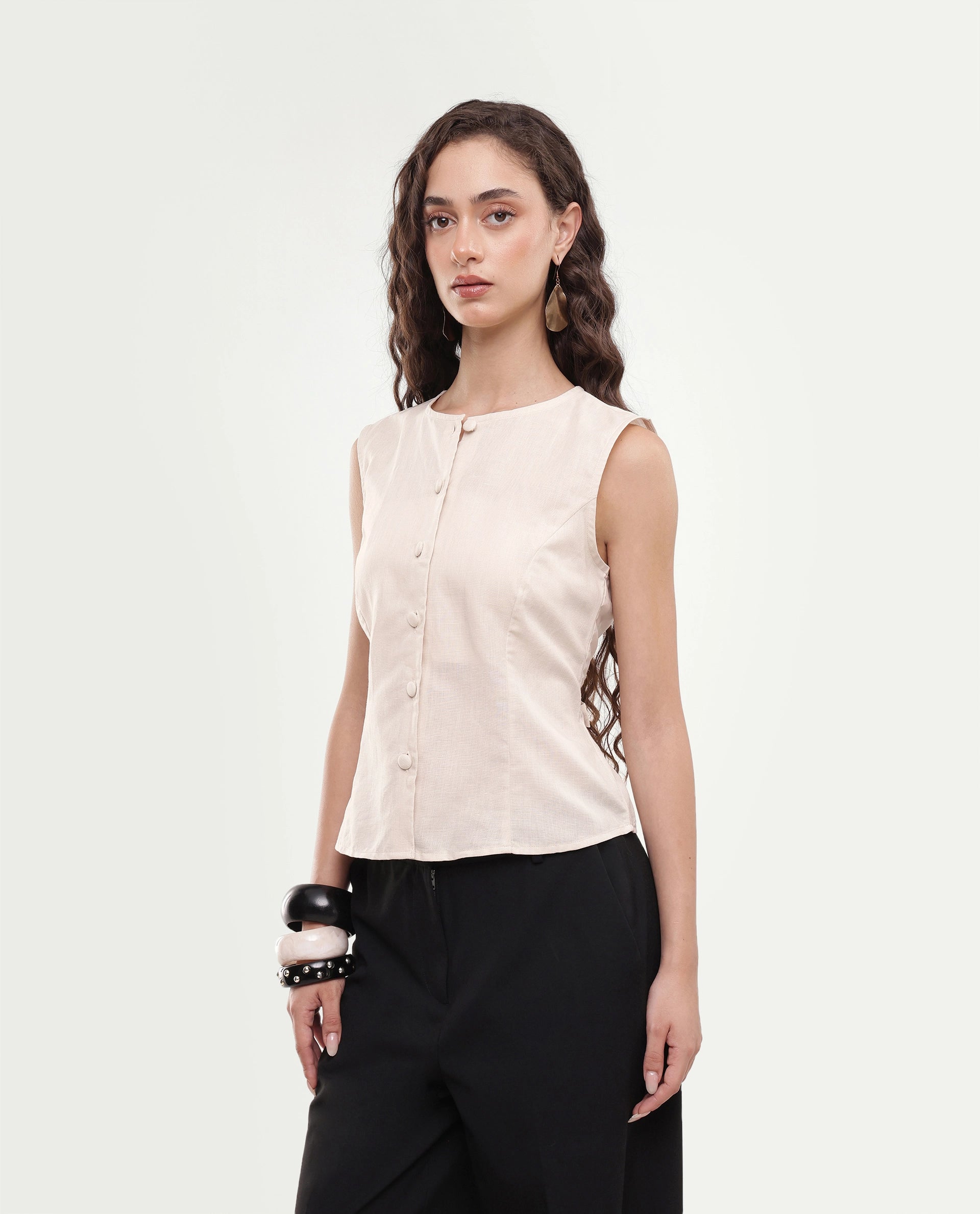 Rareism Women's Sarel Beige Linen Blend Button Regular Fit Top
