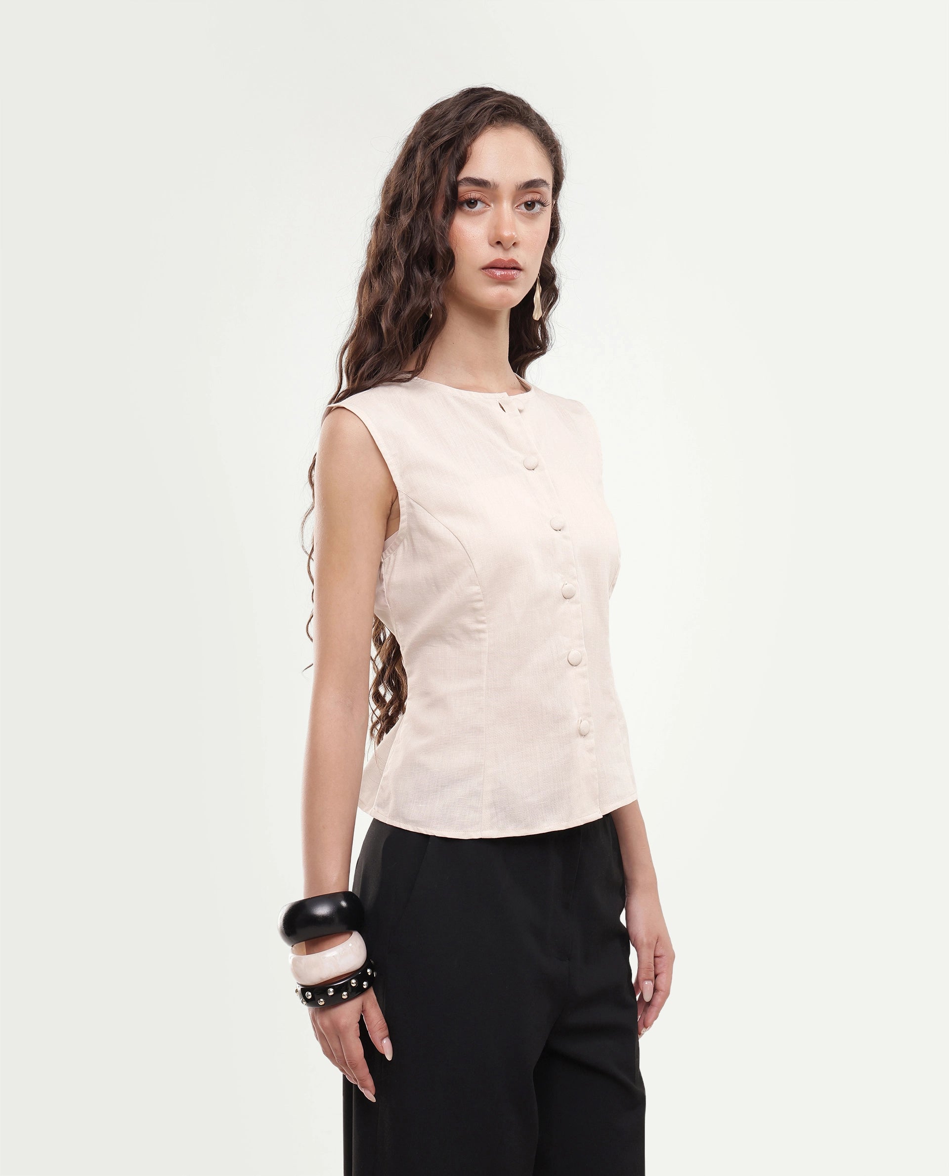 Rareism Women's Sarel Beige Linen Blend Button Regular Fit Top