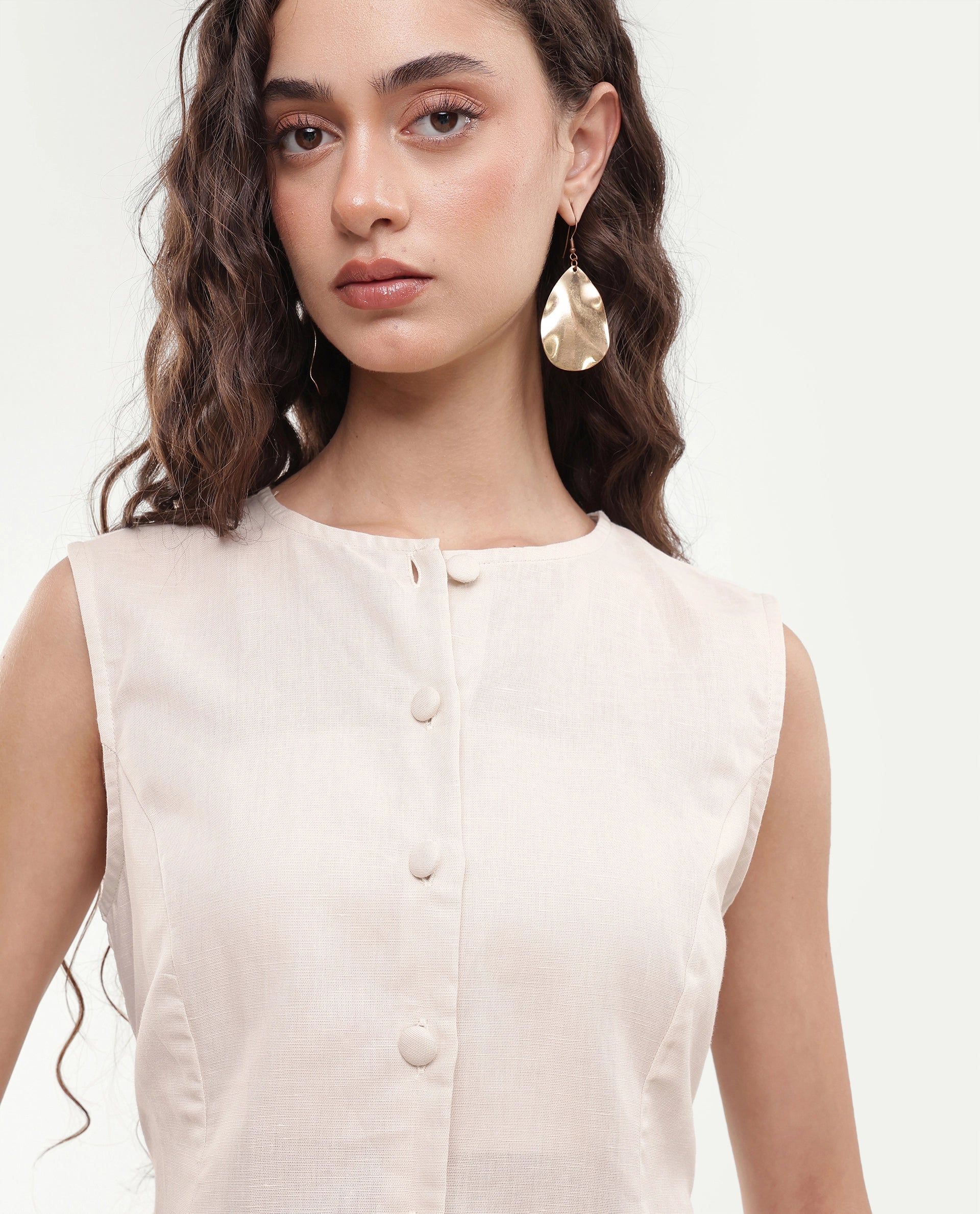 Rareism Women's Sarel Beige Linen Blend Button Regular Fit Top