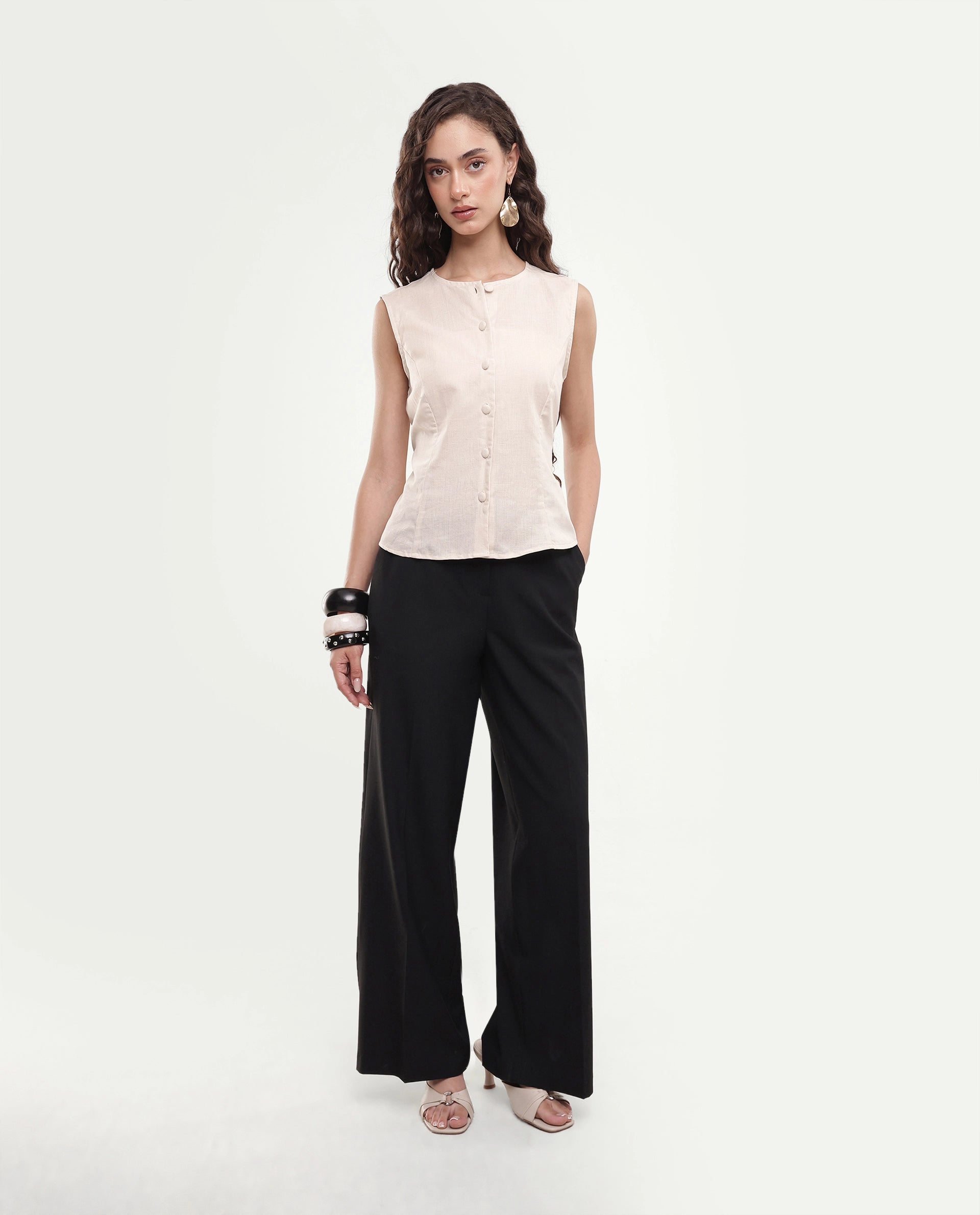 Rareism Women's Sarel Beige Linen Blend Button Regular Fit Top