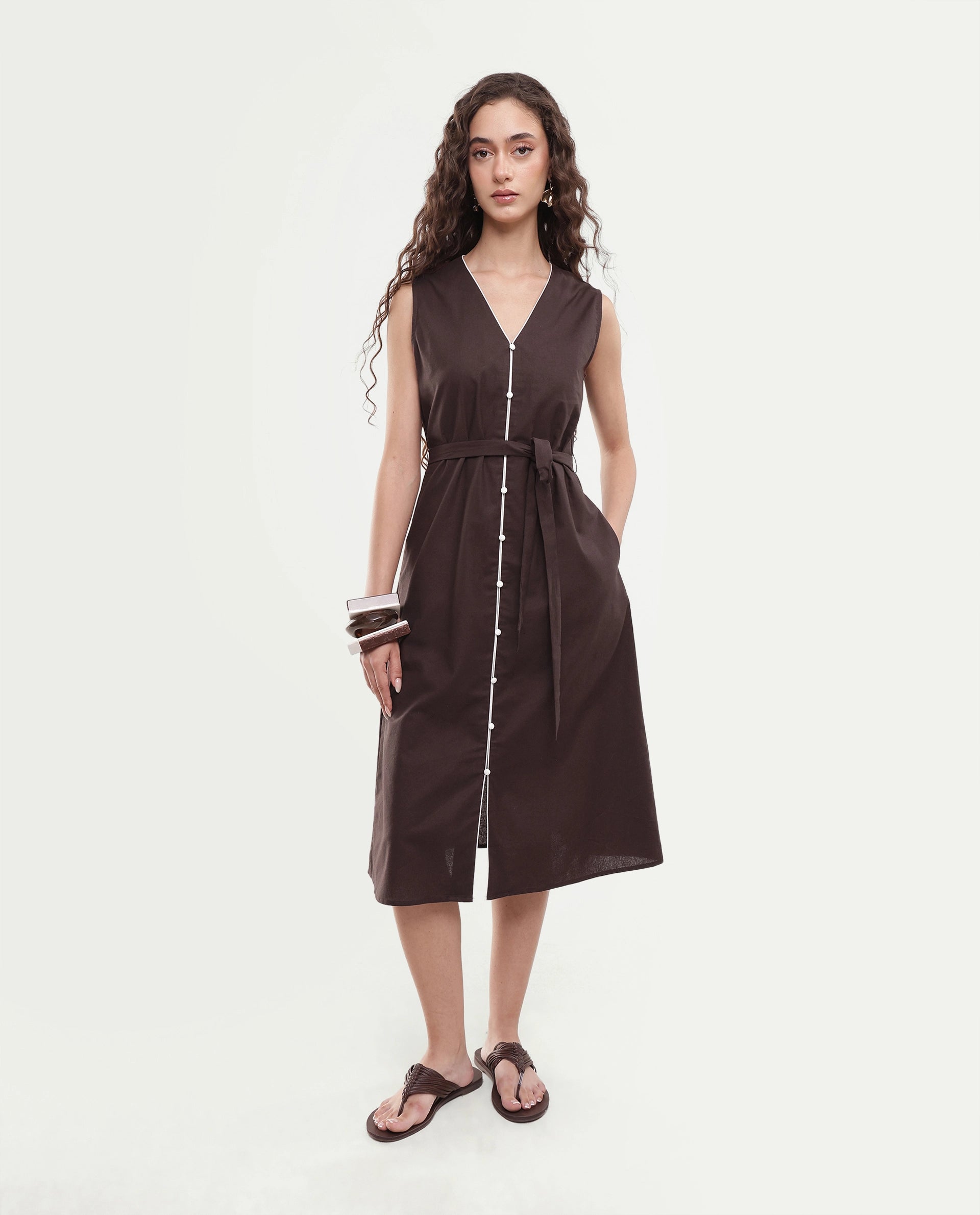 Rareism Women's Silvor Dark Brown Cotton Pull-On A-Line Dress