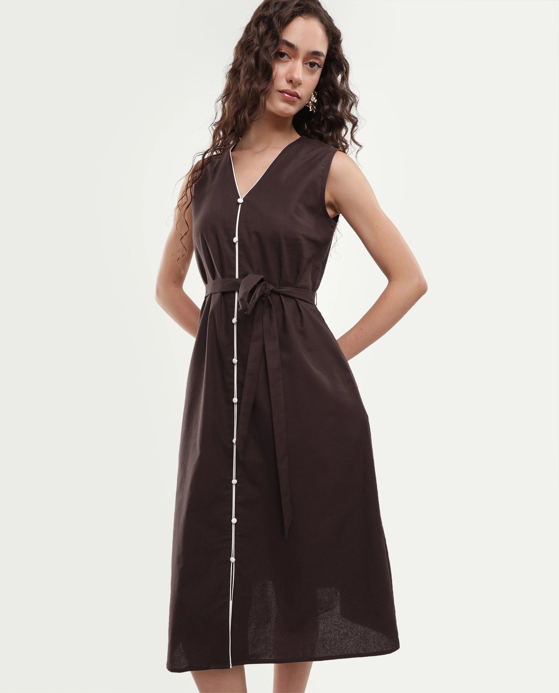 Rareism Women's Silvor Dark Brown Cotton Pull-On A-Line Dress