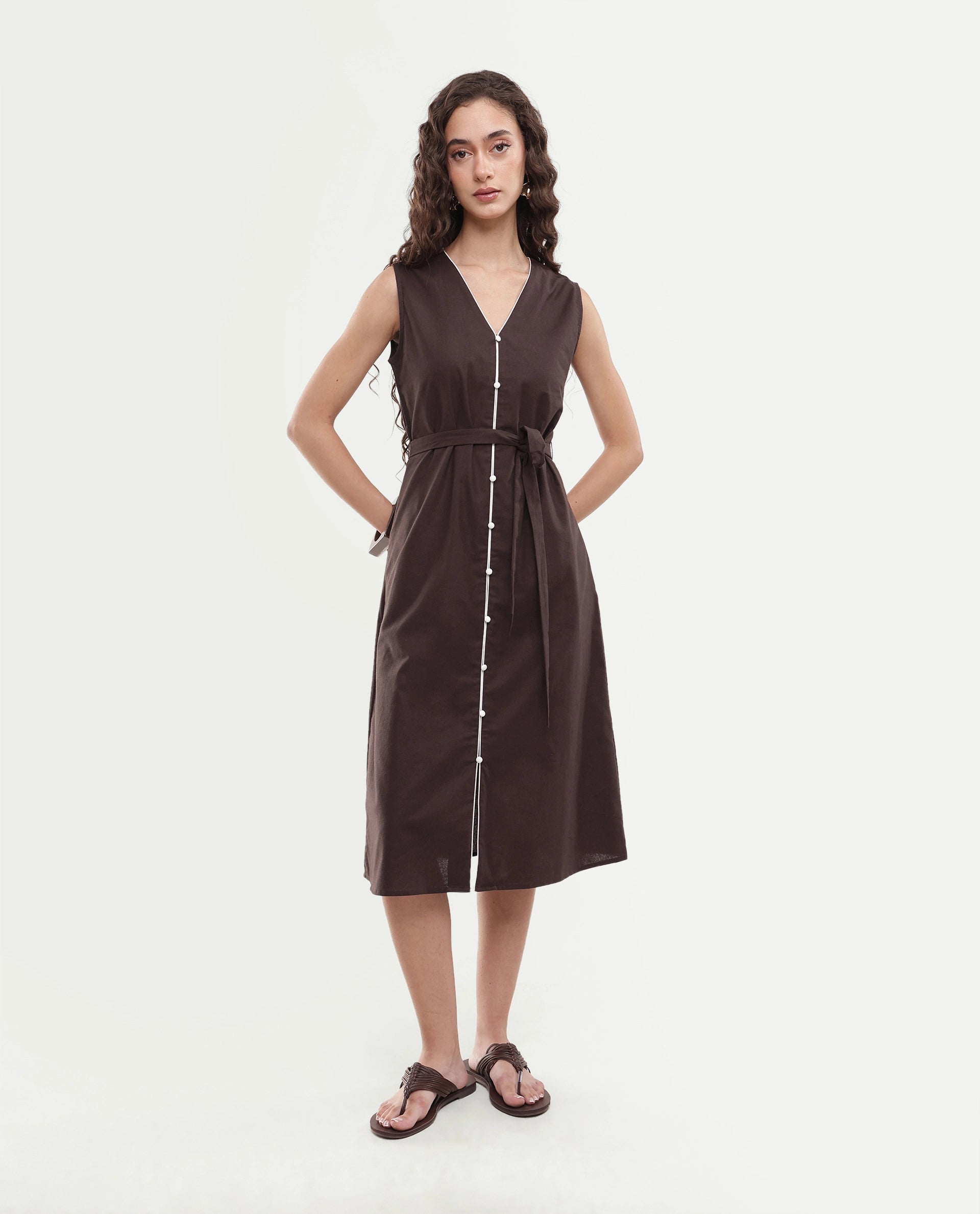 Rareism Women's Silvor Dark Brown Cotton Pull-On A-Line Dress