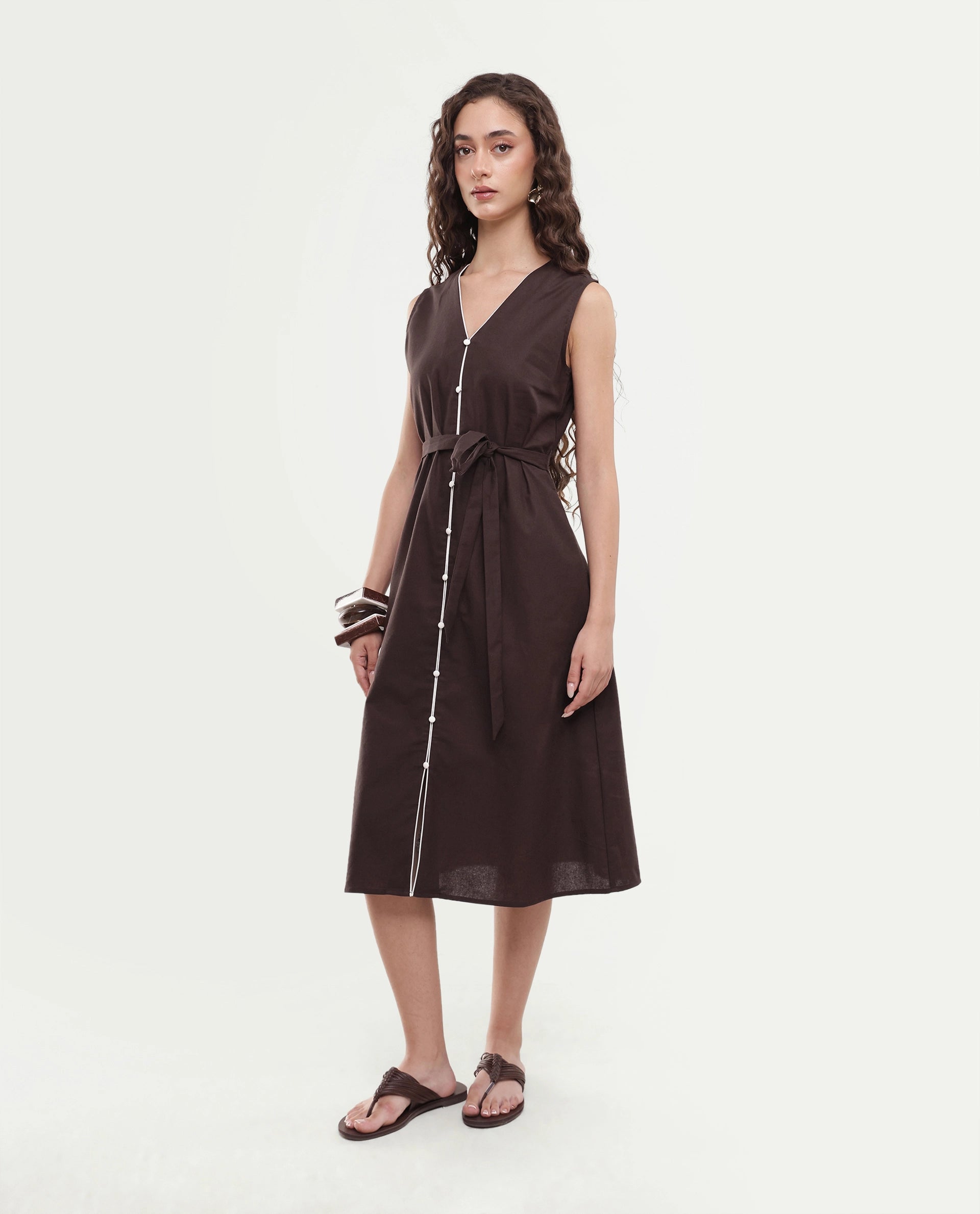 Rareism Women's Silvor Dark Brown Cotton Pull-On A-Line Dress