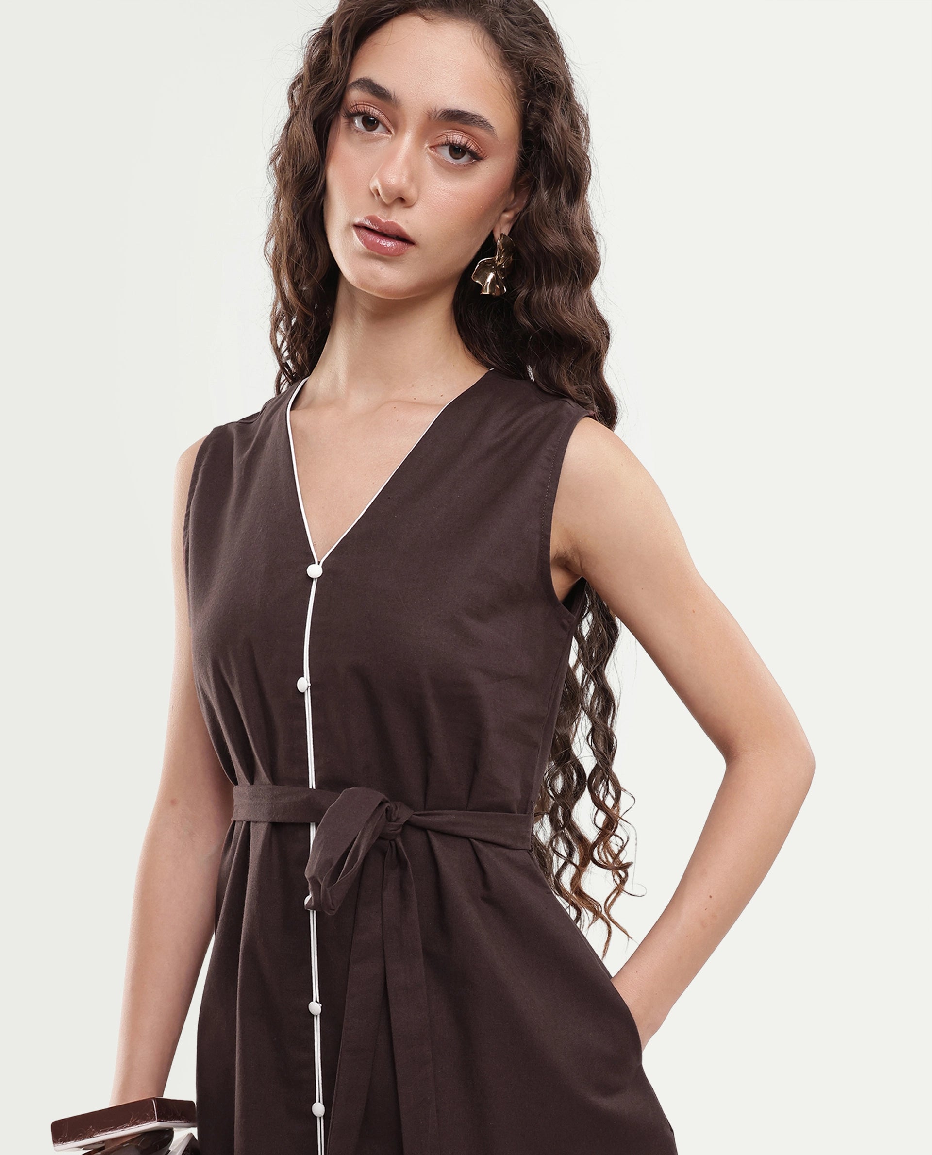 Rareism Women's Silvor Dark Brown Cotton Pull-On A-Line Dress