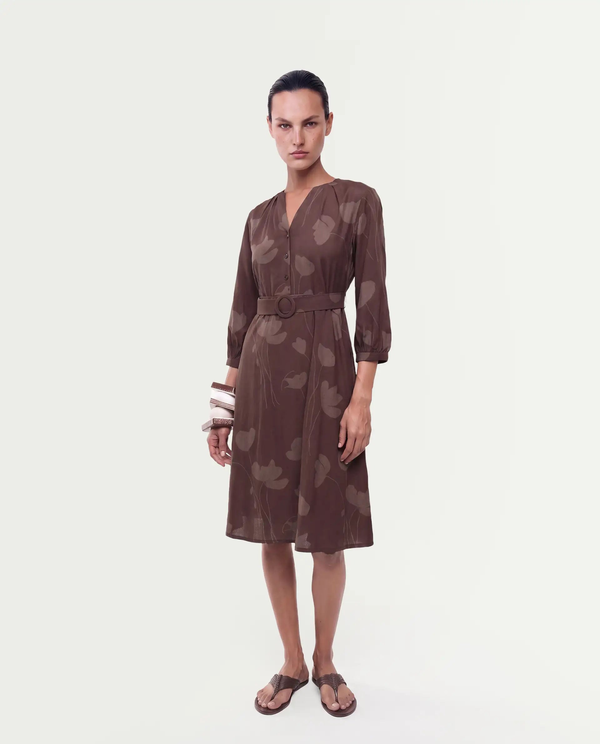 Rareism Women's Stuff Dark Brown Viscose Button A-Line Floral Print Dress