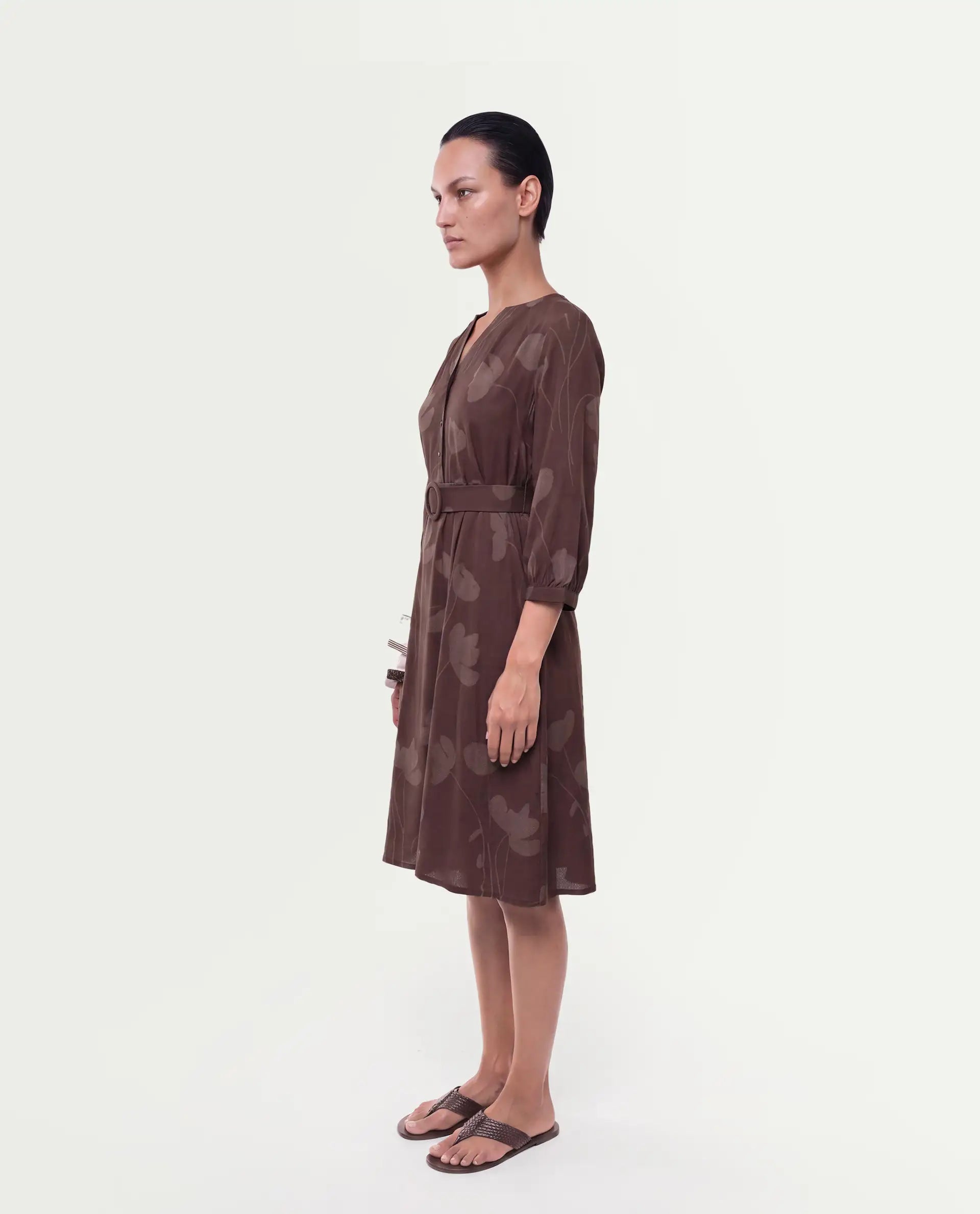 Rareism Women's Stuff Dark Brown Viscose Button A-Line Floral Print Dress