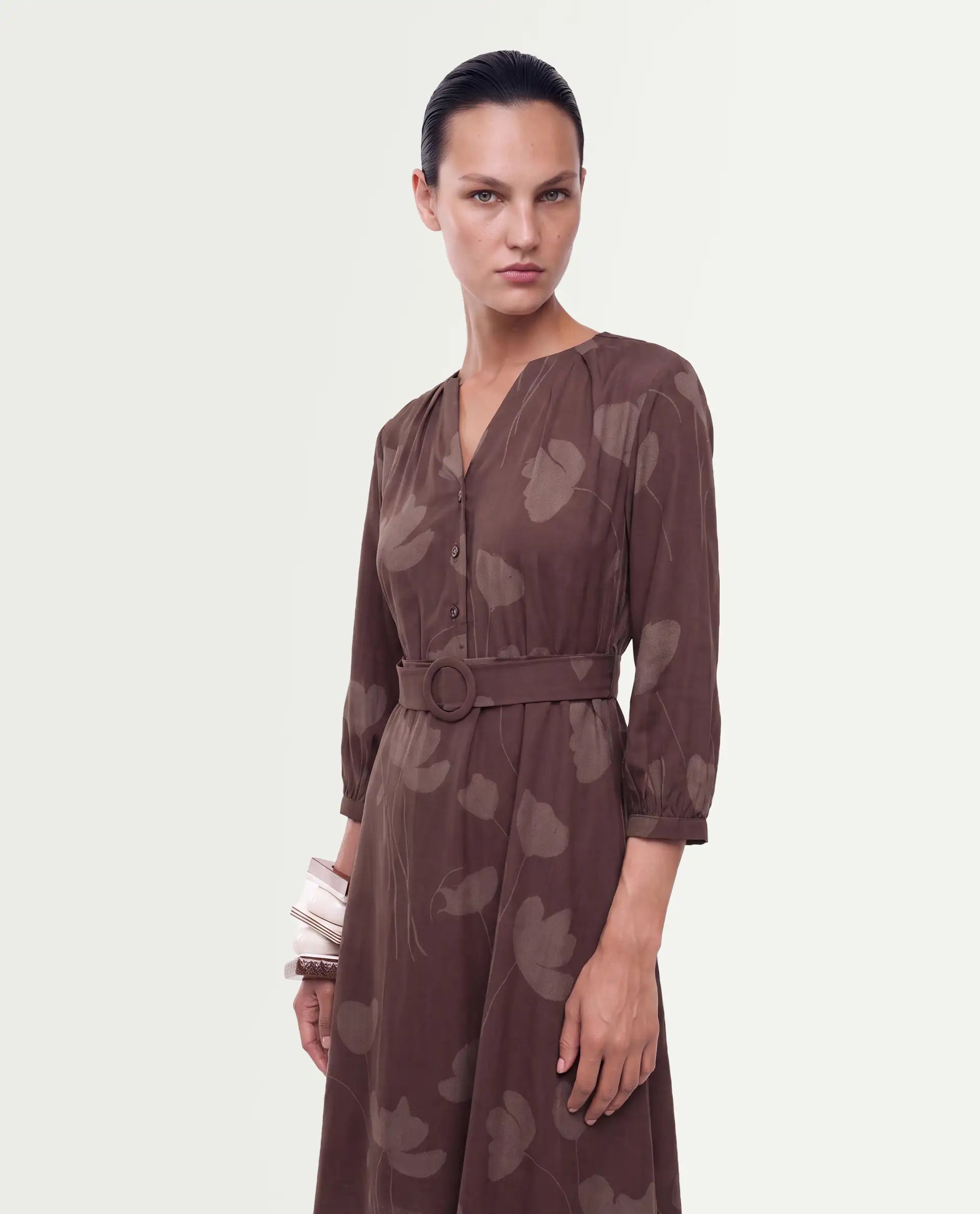Rareism Women's Stuff Dark Brown Viscose Button A-Line Floral Print Dress