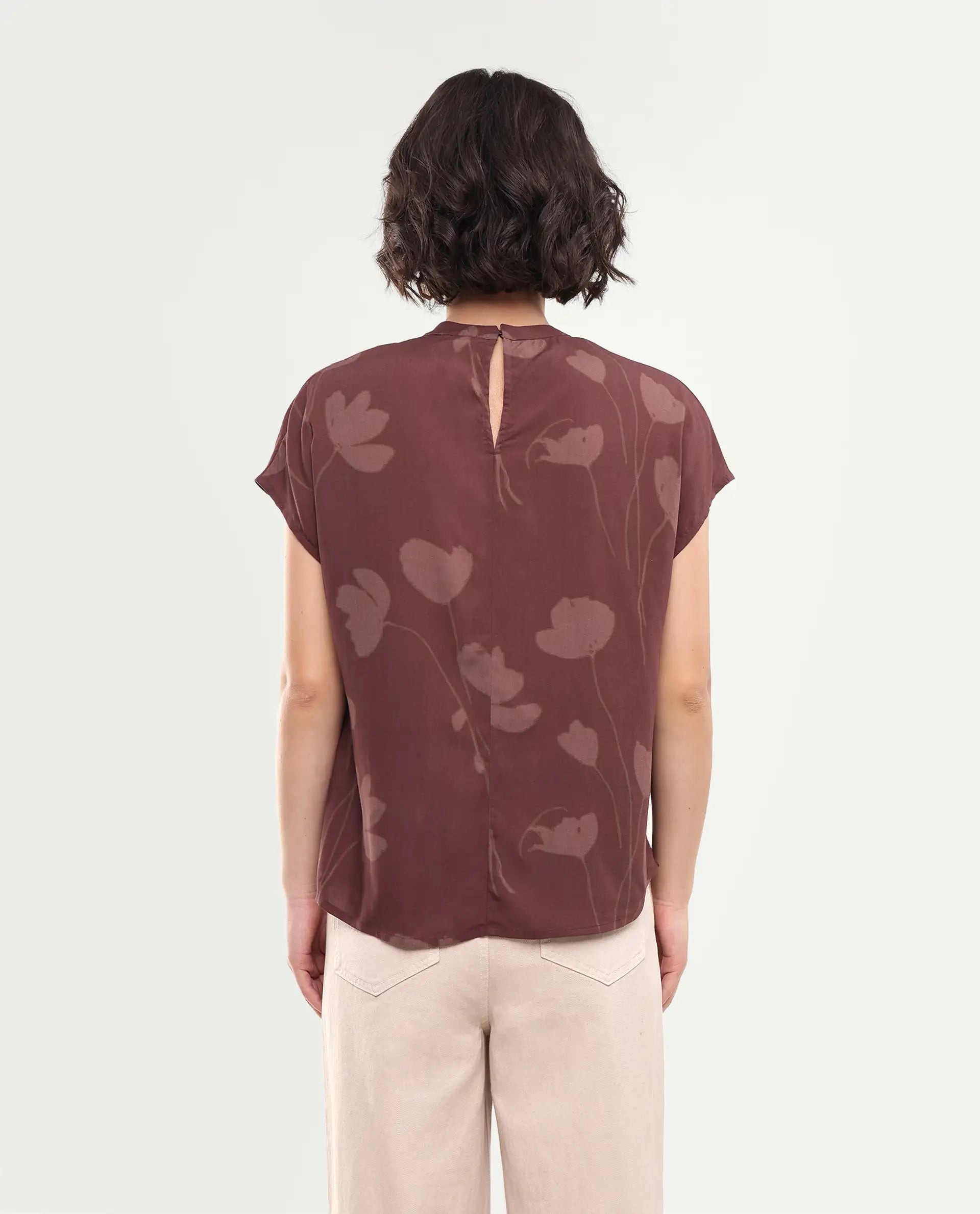 Rareism Women's Sato Dark Brown Viscose Button Relaxed Fit Floral Print Top