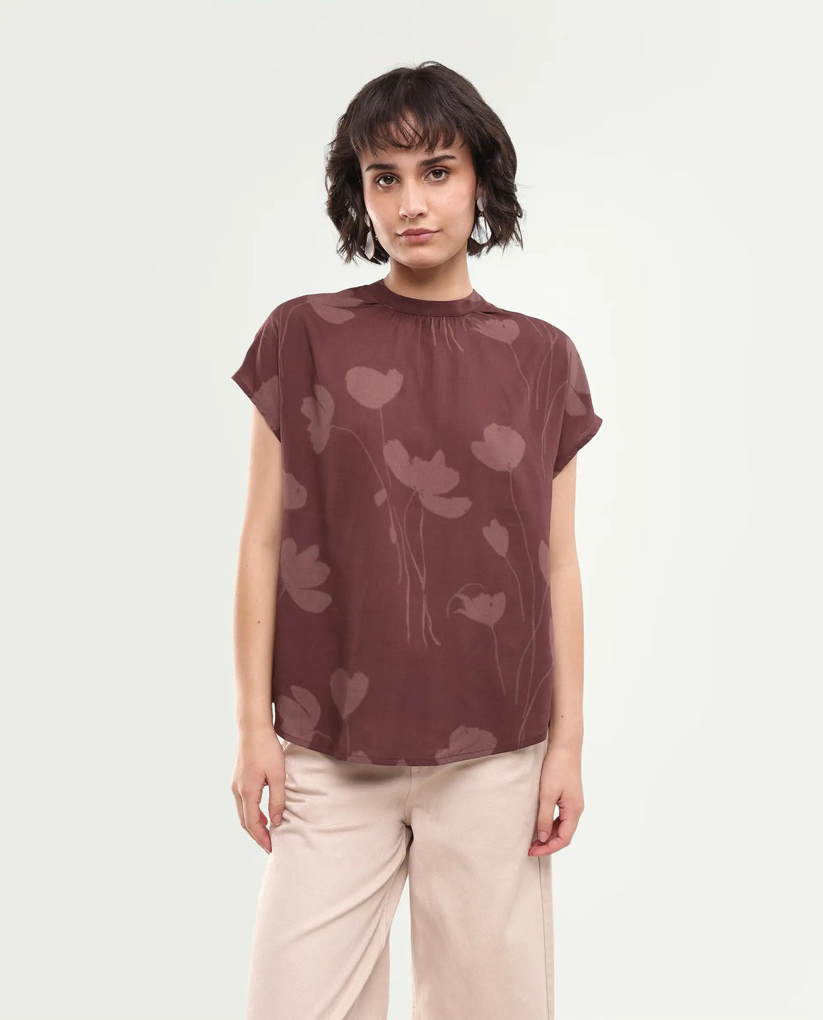 Rareism Women's Sato Dark Brown Viscose Button Relaxed Fit Floral Print Top