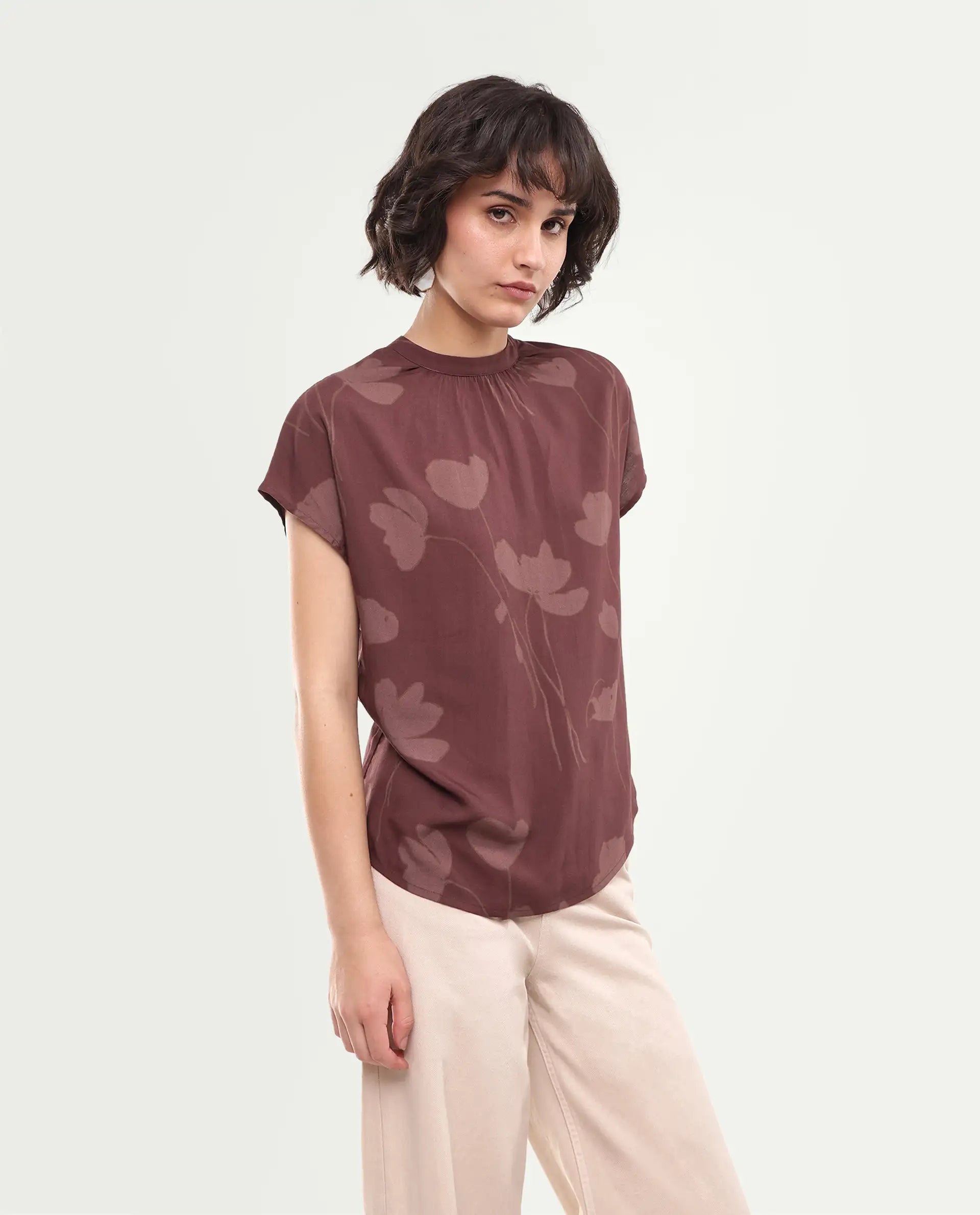 Rareism Women's Sato Dark Brown Viscose Button Relaxed Fit Floral Print Top