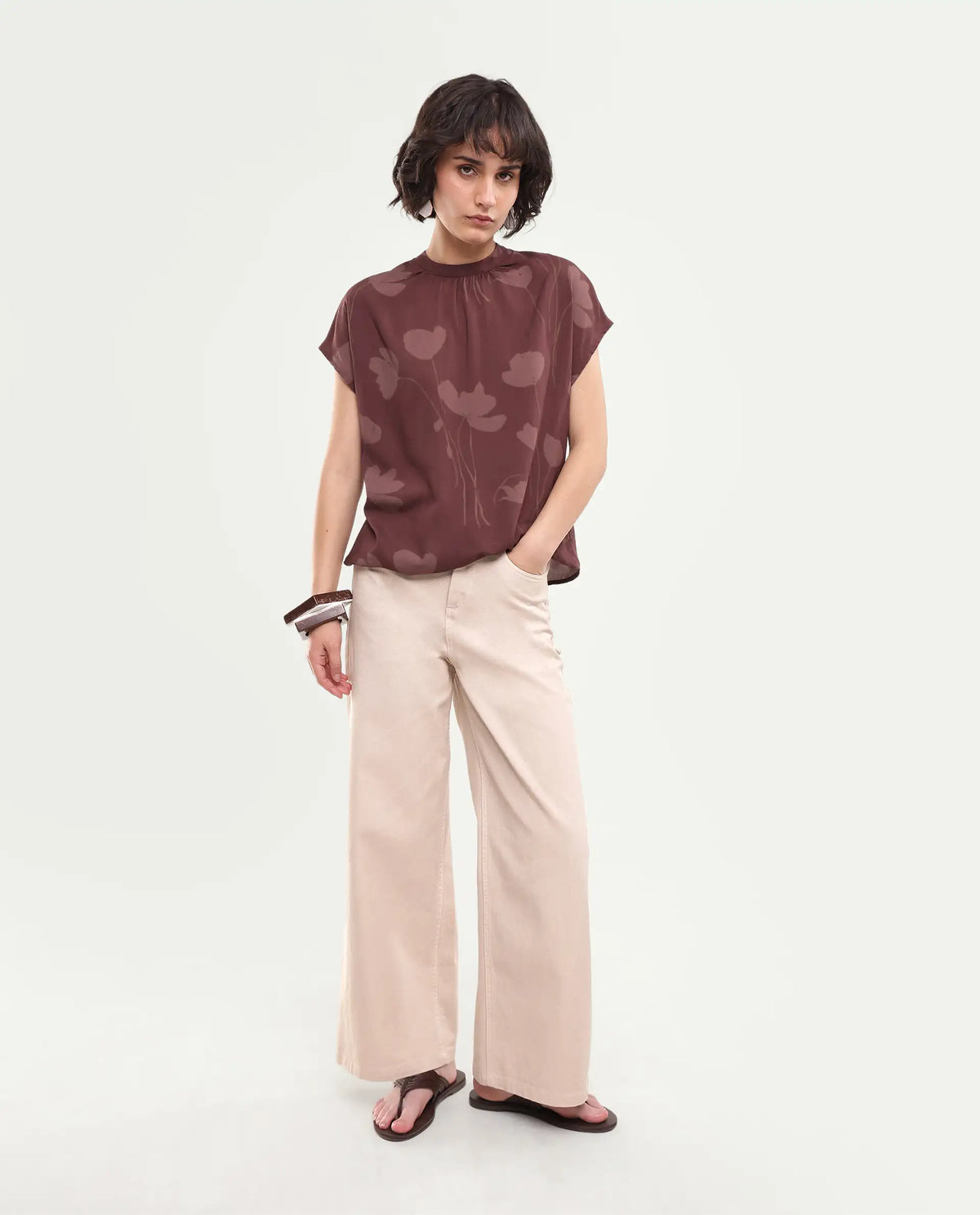 Rareism Women's Sato Dark Brown Viscose Button Relaxed Fit Floral Print Top