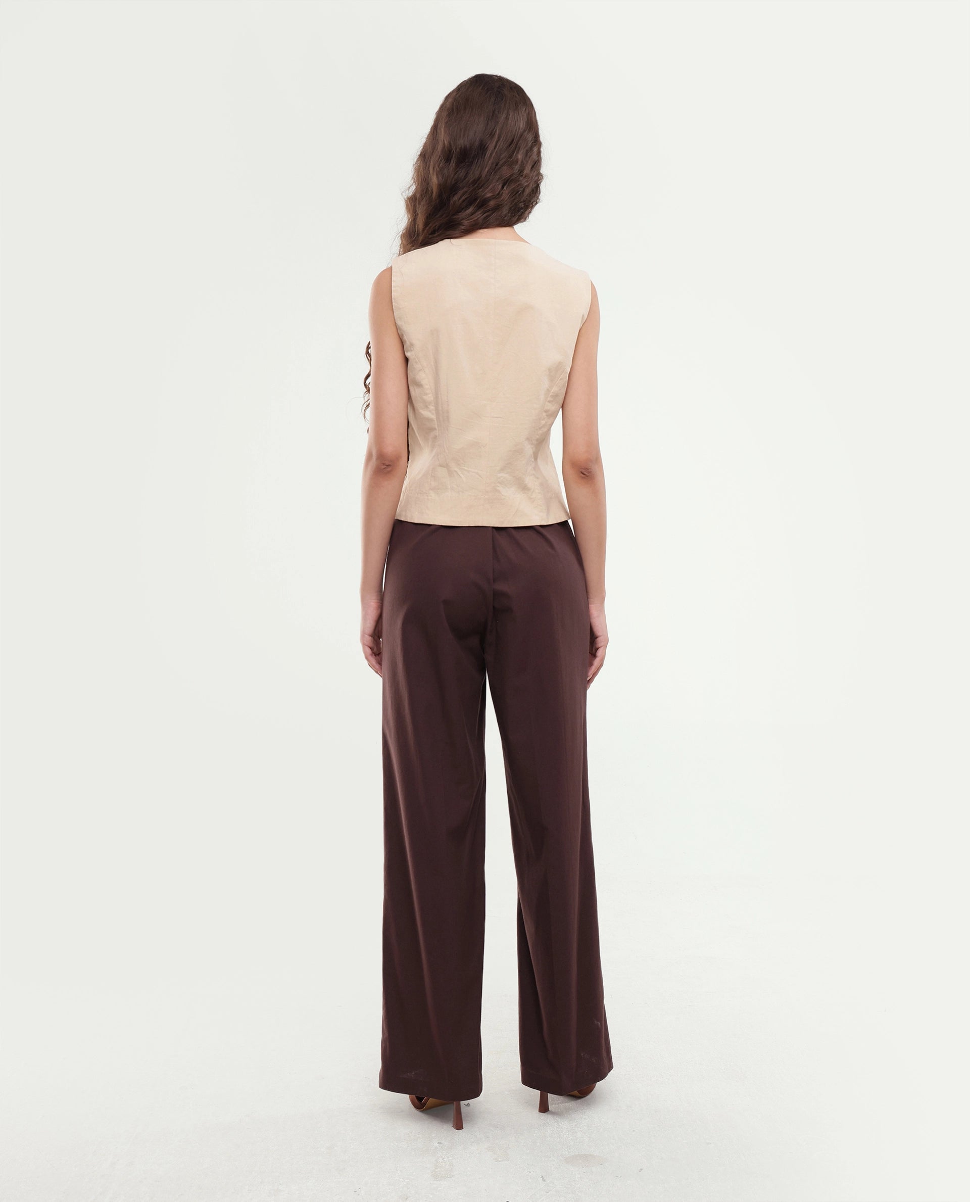 Rareism Women's Stem Dark Brown Cotton Button And Zip Straight Trouser