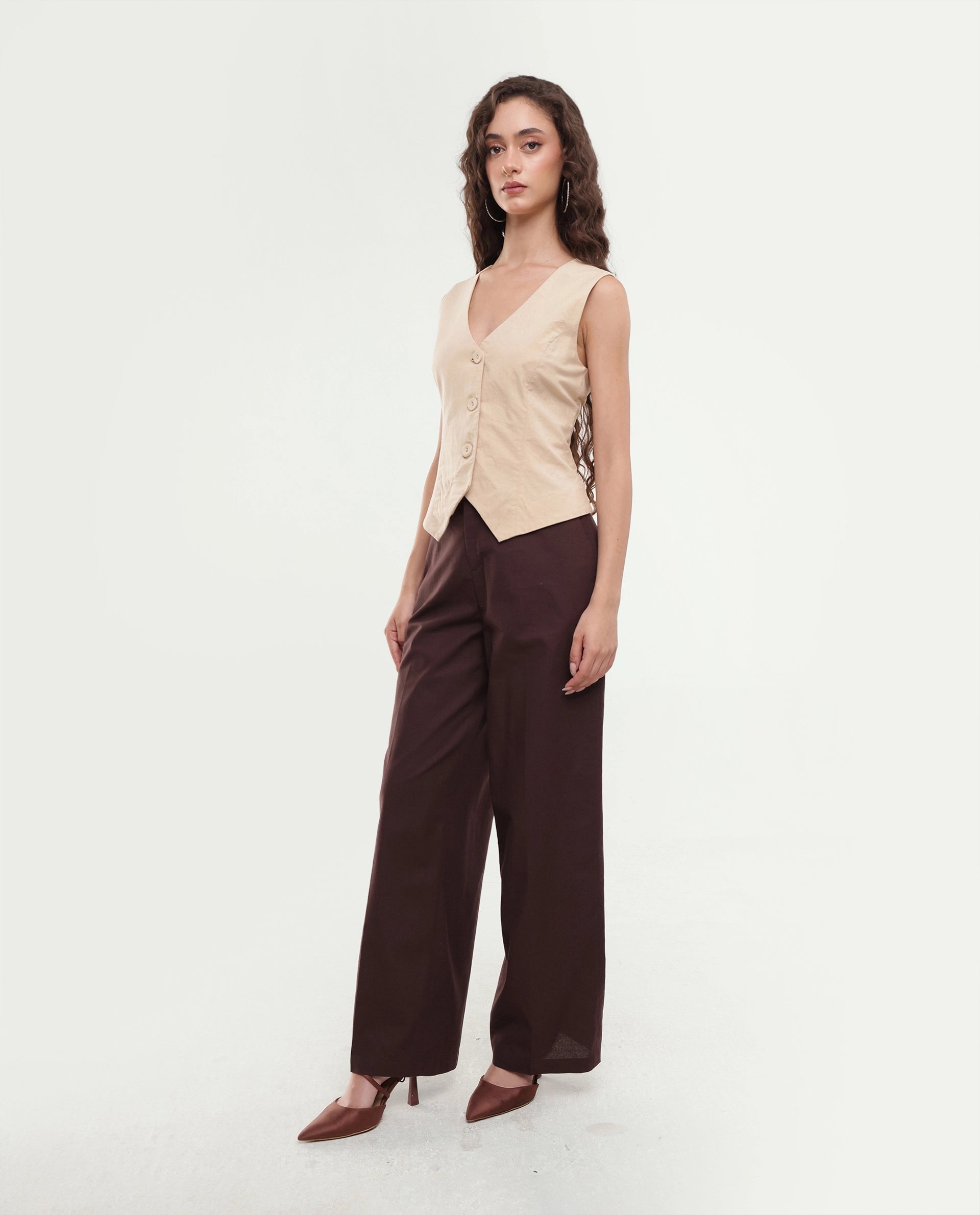 Rareism Women's Stem Dark Brown Cotton Button And Zip Straight Trouser