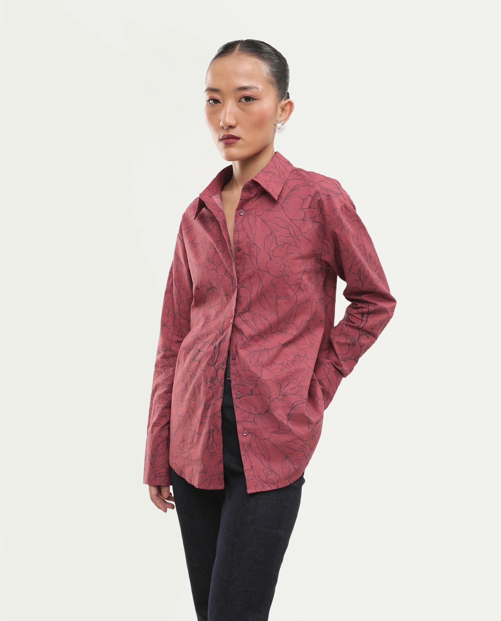 Rareism Women's Simba Dark Red Cotton Button Relaxed Fit Floral Print Shirt