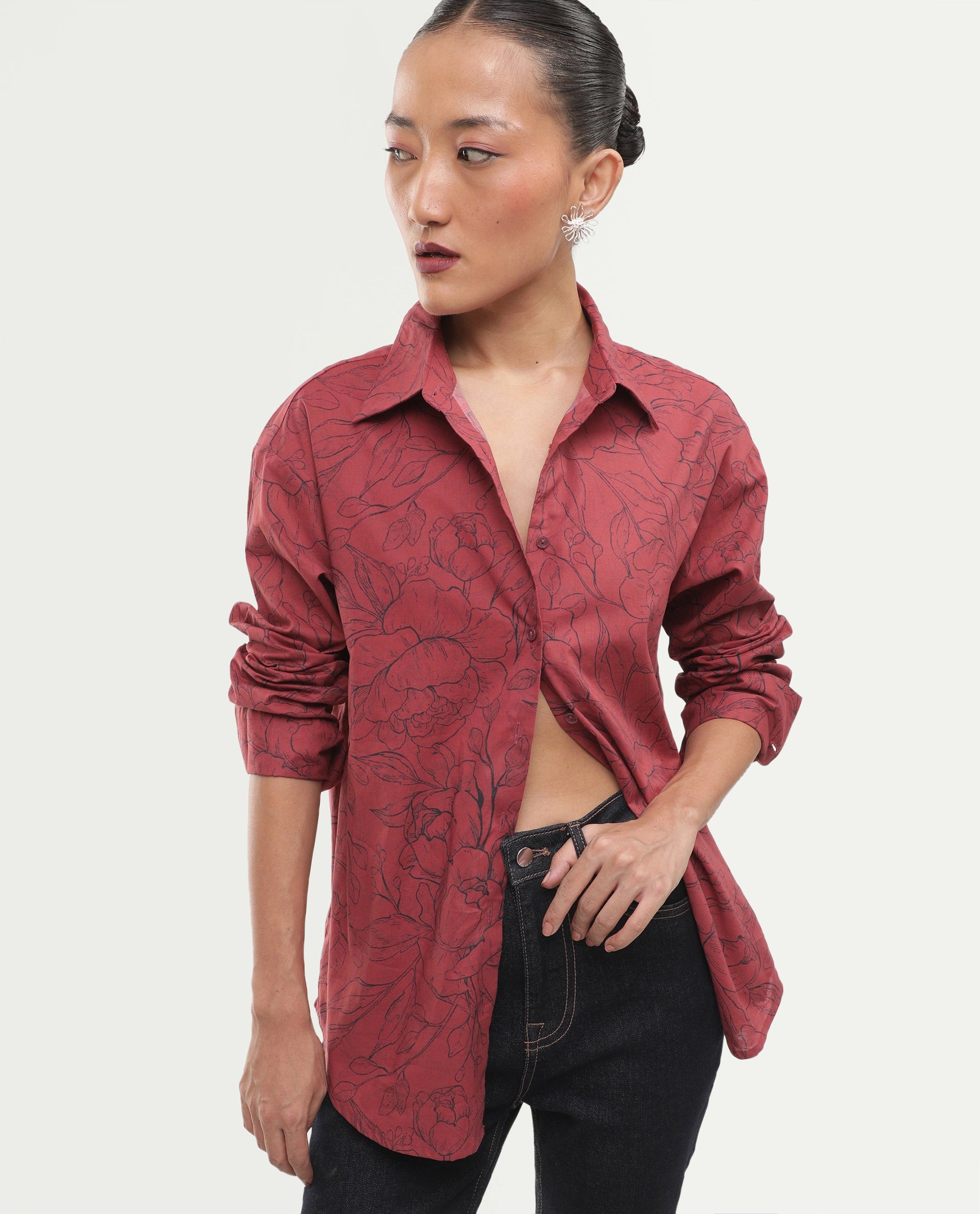 Rareism Women's Simba Dark Red Cotton Button Relaxed Fit Floral Print Shirt