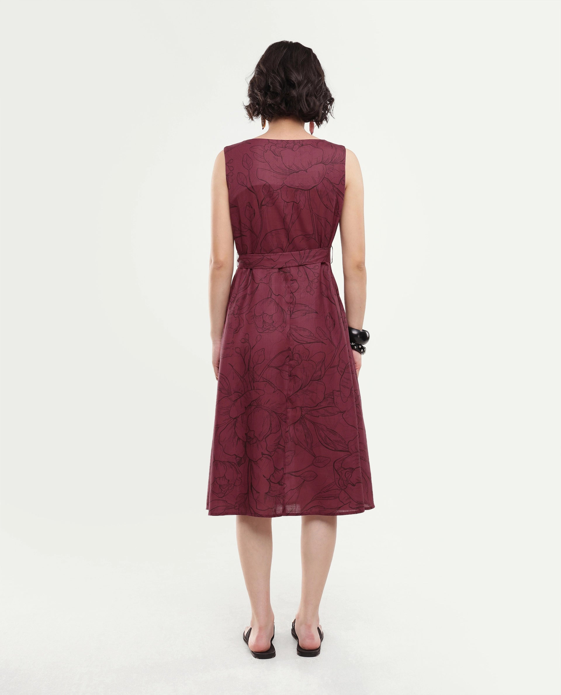 Rareism Women's Straw Dark Red Polyester Pull-On A-Line Floral Print Dress
