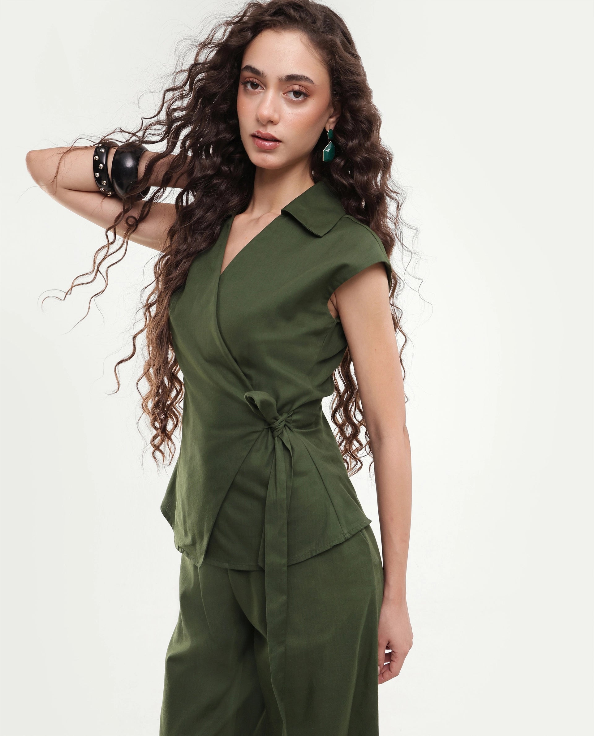 Rareism Women's Sylix-T Dark Olive Plain Cotton Regular Sleeveless Top