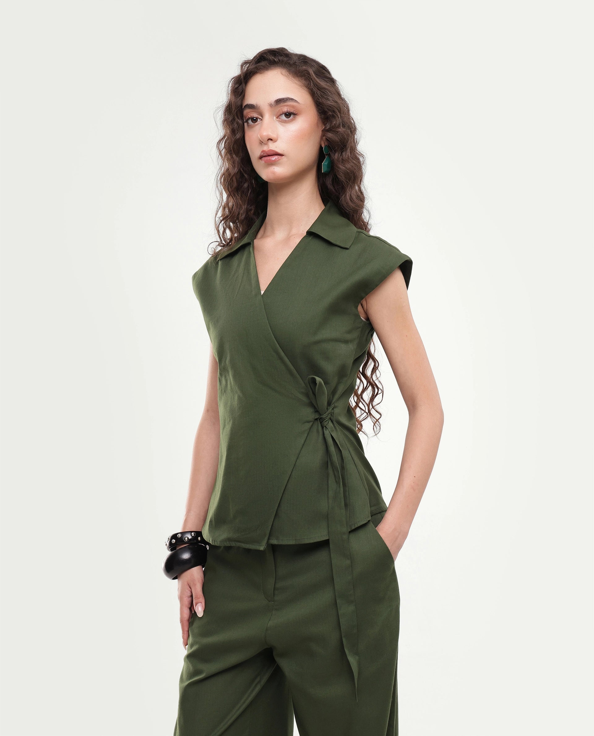 Rareism Women's Sylix-T Dark Olive Plain Cotton Regular Sleeveless Top