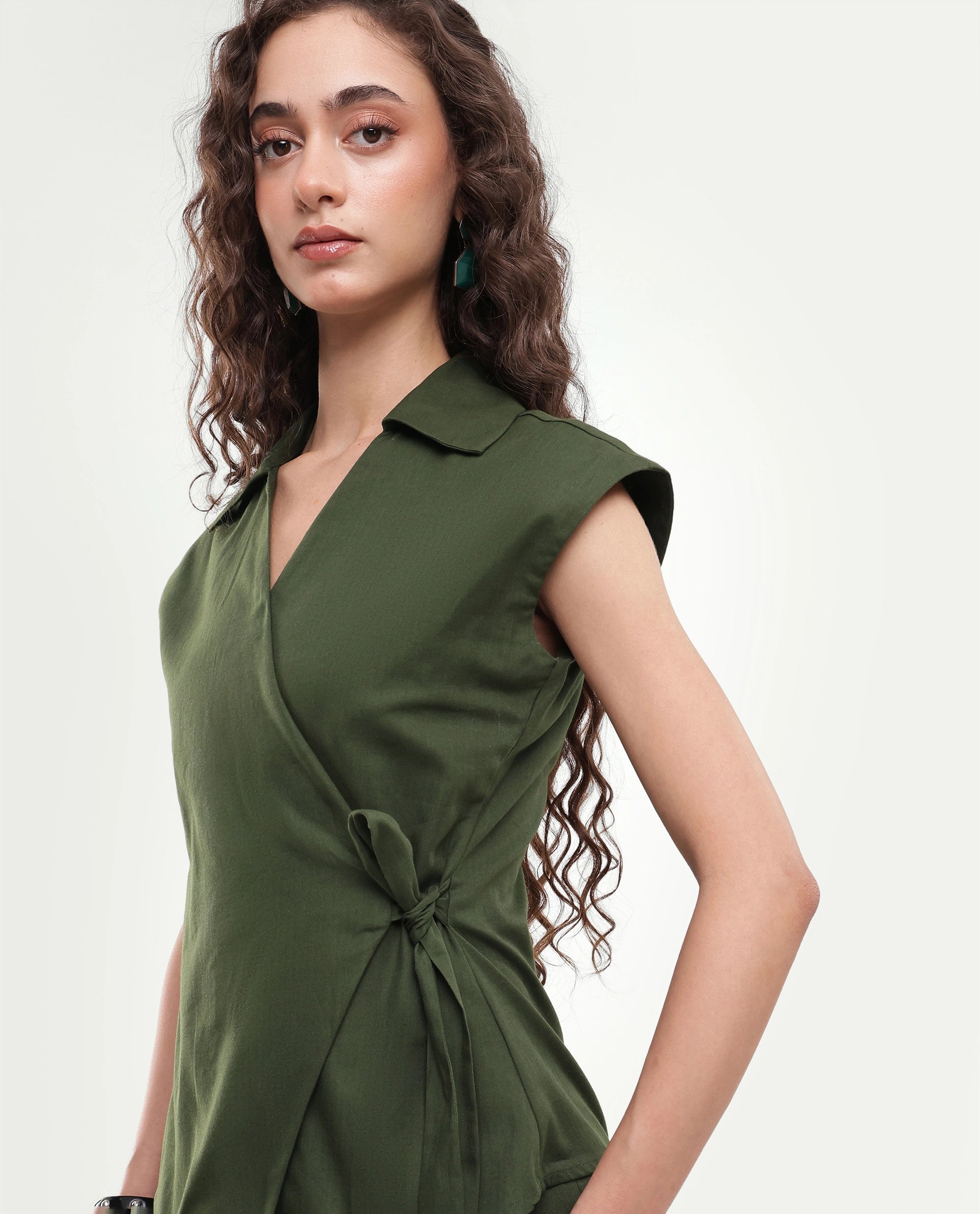 Rareism Women's Sylix-T Dark Olive Plain Cotton Regular Sleeveless Top