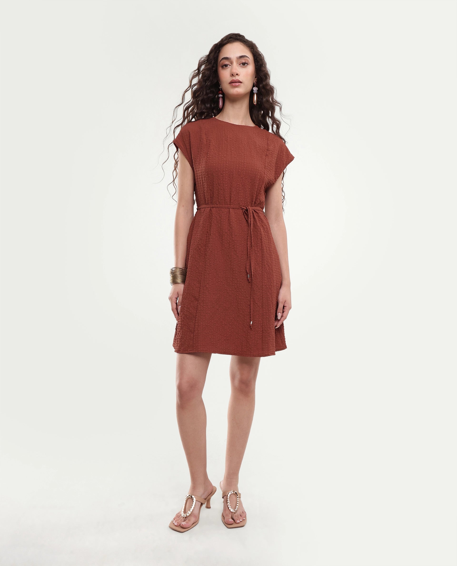 Rareism Women's Sorin Dark Rust Polyester Blend Button A-Line Dress