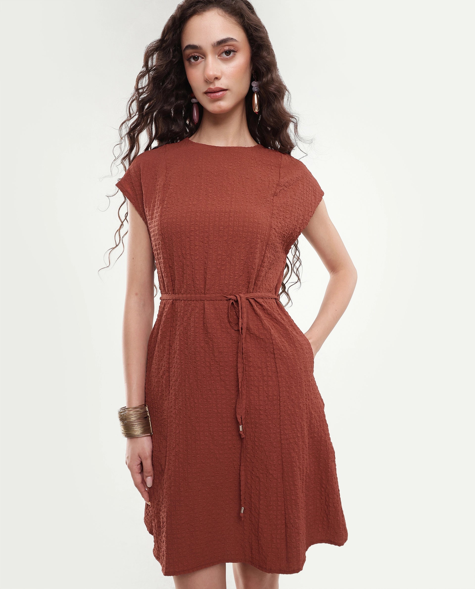 Rareism Women's Sorin Dark Rust Polyester Blend Button A-Line Dress